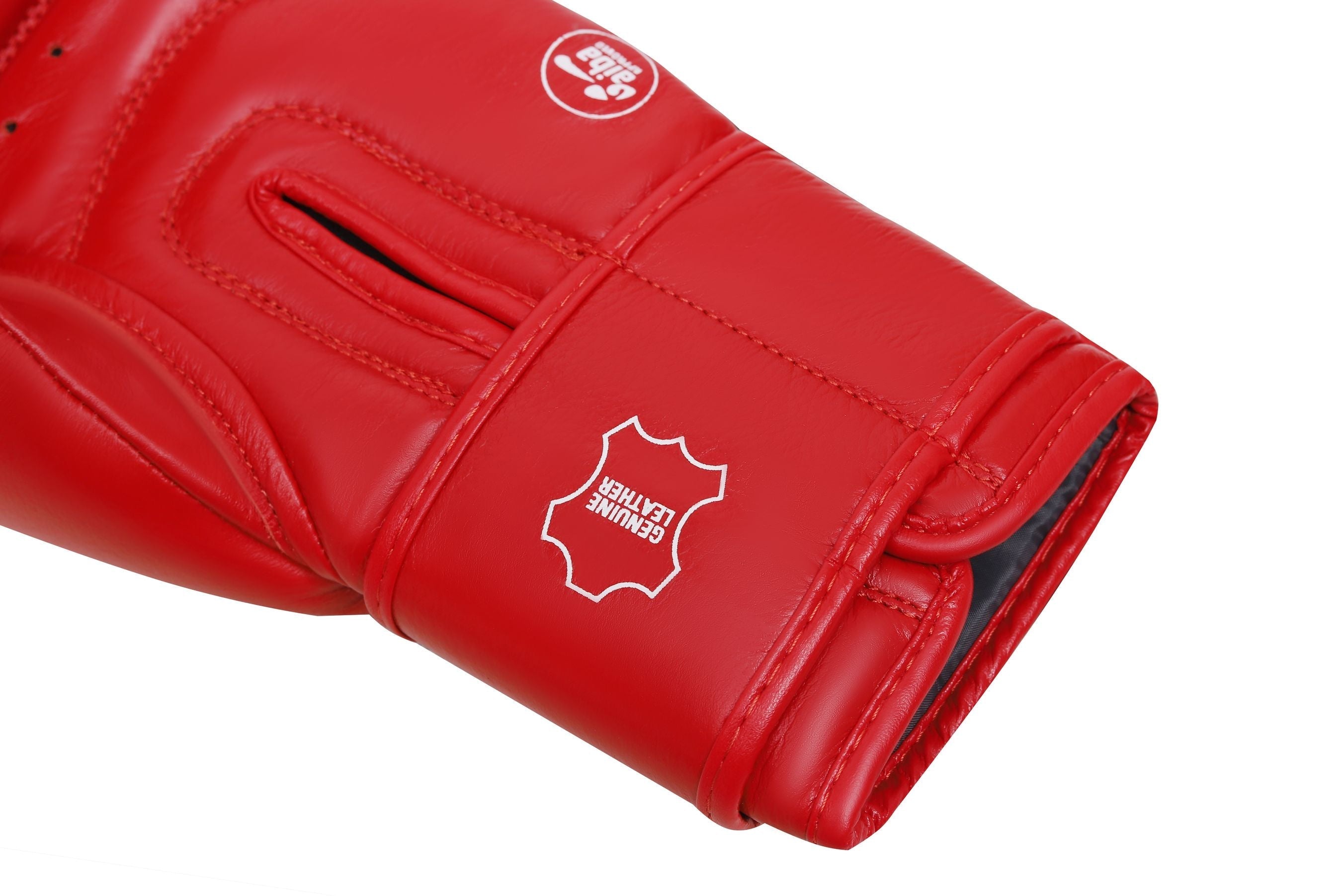 A pair of SUPER STAR IBA Approved Boxing Gloves in red and blue, showcasing high-quality cowhide leather and elegant piping design.