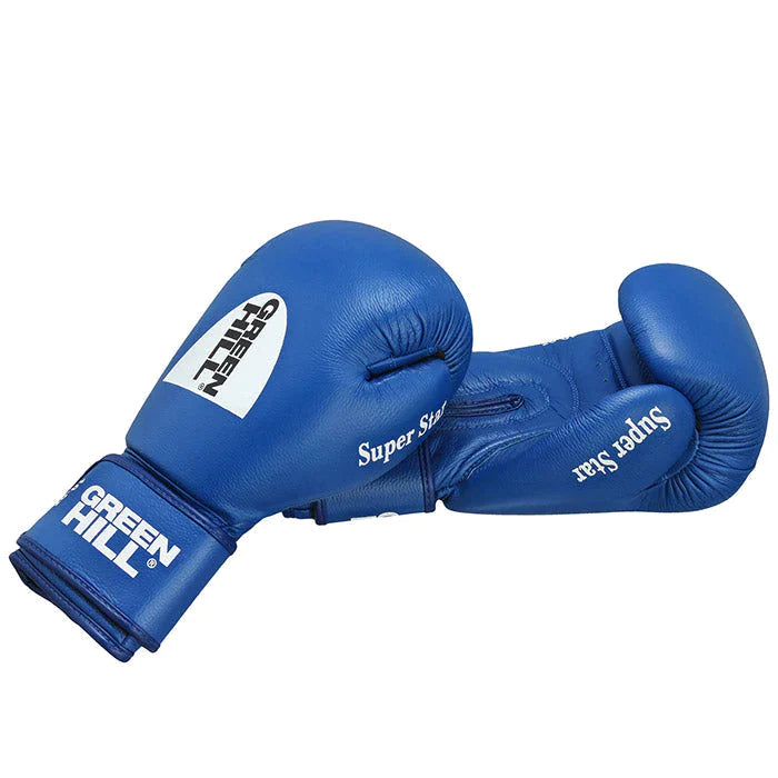 A pair of SUPER STAR IBA Approved Boxing Gloves in red and blue, showcasing high-quality cowhide leather and elegant piping design.