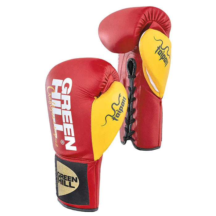 Boxing Gloves Taipan made from genuine leather, featuring multi-layer foam padding and adjustable Velcro straps, available in various colors.