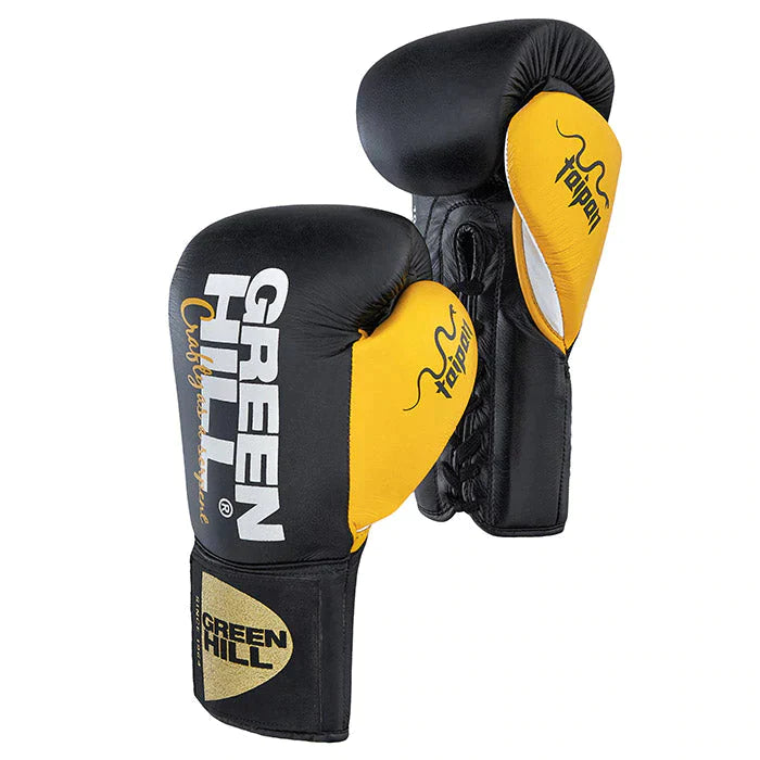 Boxing Gloves Taipan made from genuine leather, featuring multi-layer foam padding and adjustable Velcro straps, available in various colors.