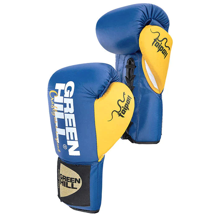 Boxing Gloves Taipan made from genuine leather, featuring multi-layer foam padding and adjustable Velcro straps, available in various colors.