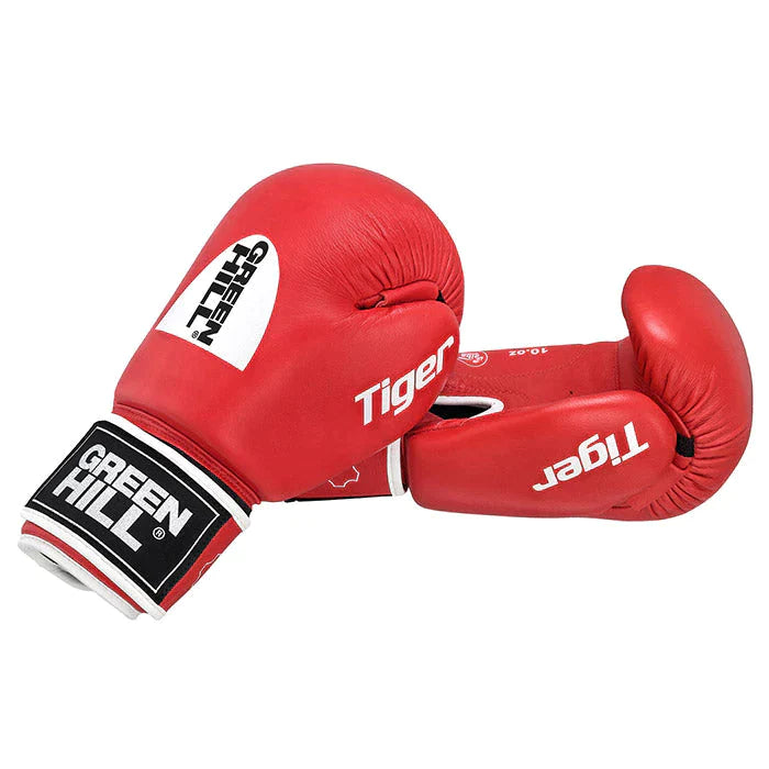 TIGER IBA Approved Boxing Gloves in red and blue, showcasing high-quality cowhide leather and Velcro closure.