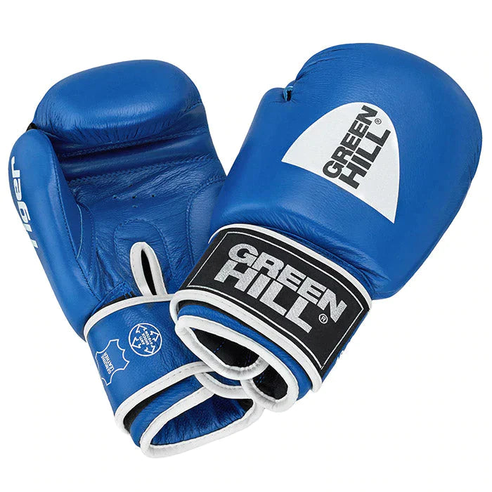 TIGER IBA Approved Boxing Gloves in red and blue, showcasing high-quality cowhide leather and Velcro closure.