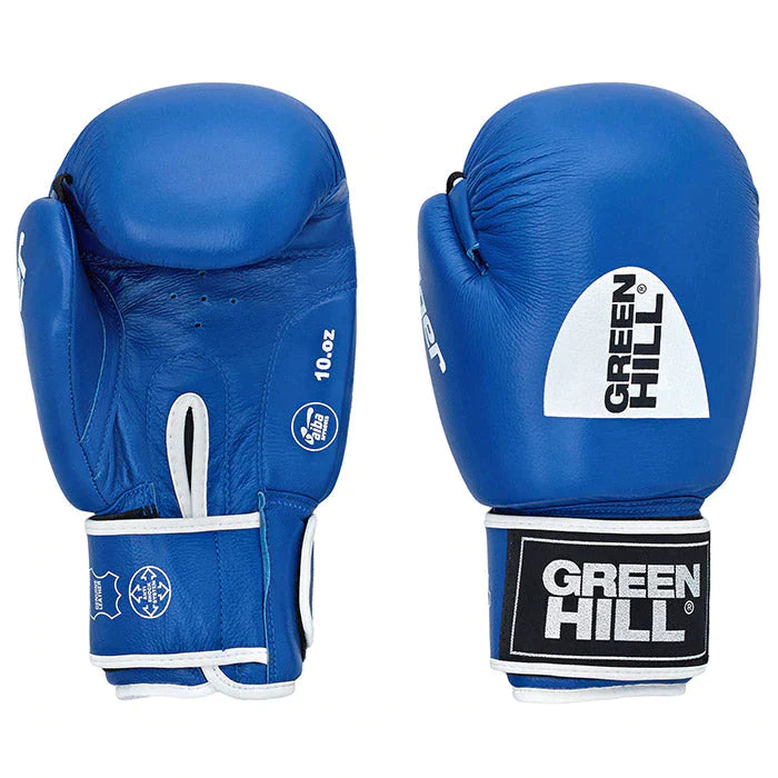 TIGER IBA Approved Boxing Gloves in red and blue, showcasing high-quality cowhide leather and Velcro closure.