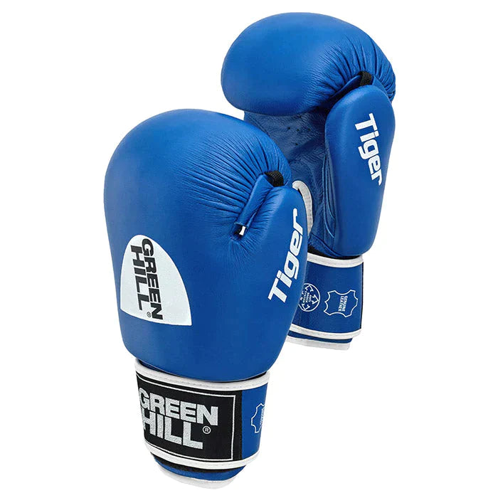 TIGER IBA Approved Boxing Gloves in red and blue, showcasing high-quality cowhide leather and Velcro closure.