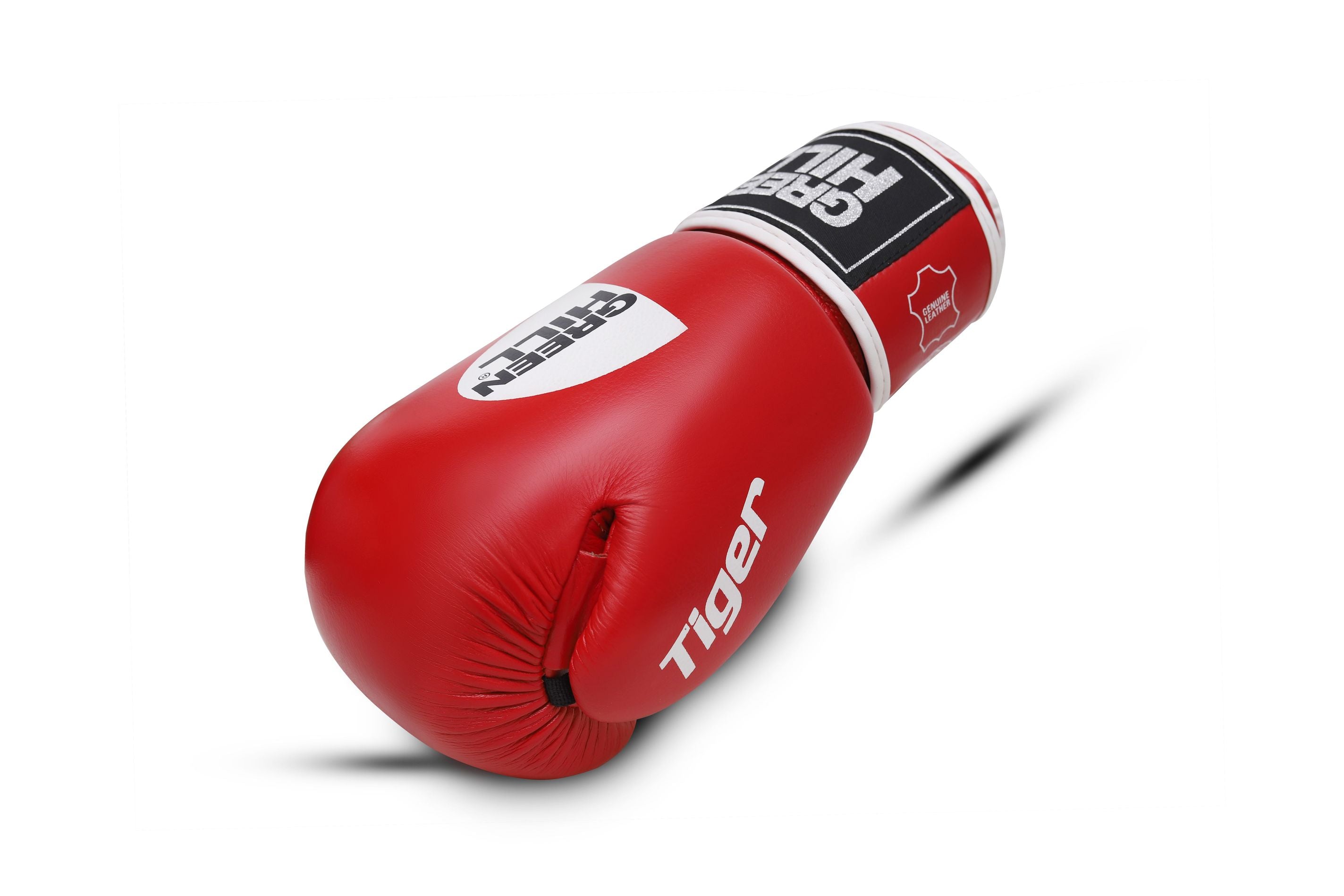 TIGER IBA Approved Boxing Gloves in red and blue, showcasing high-quality cowhide leather and Velcro closure.