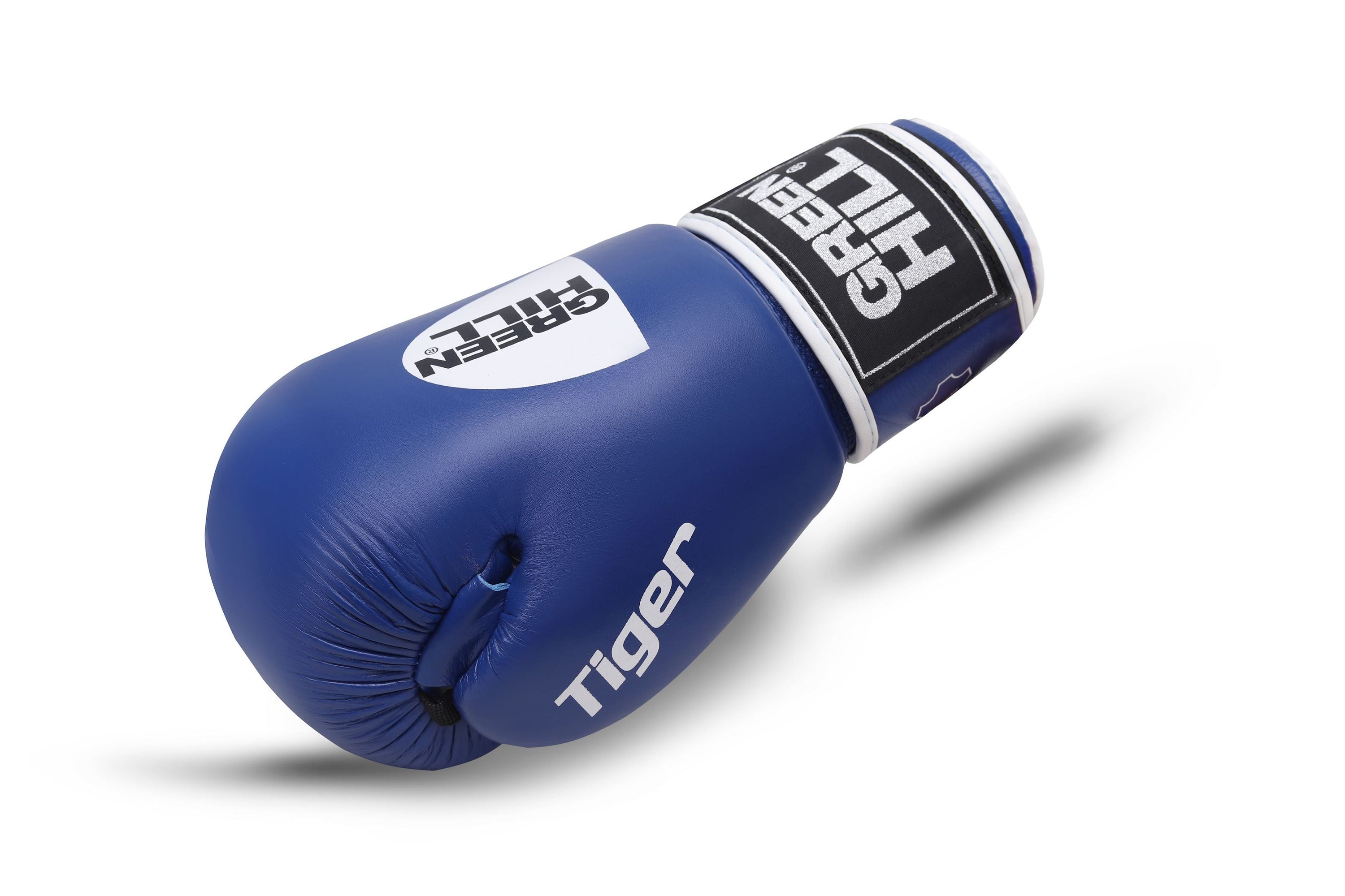 TIGER IBA Approved Boxing Gloves in red and blue, showcasing high-quality cowhide leather and Velcro closure.