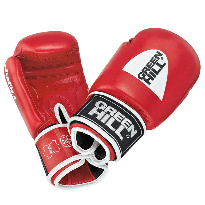 TIGER IBA Approved Boxing Gloves in red and blue, showcasing high-quality cowhide leather and Velcro closure.