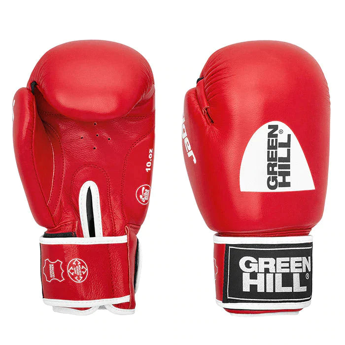 TIGER IBA Approved Boxing Gloves in red and blue, showcasing high-quality cowhide leather and Velcro closure.