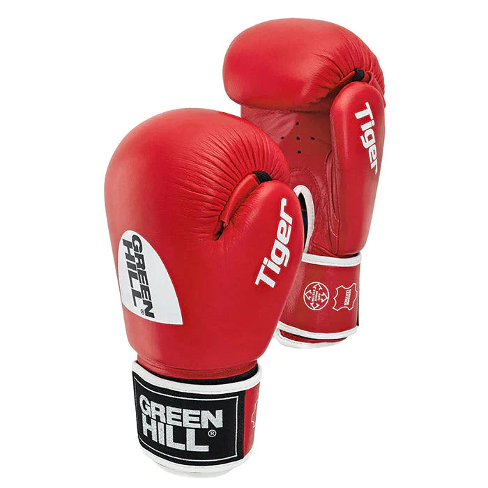 TIGER IBA Approved Boxing Gloves in red and blue, showcasing high-quality cowhide leather and Velcro closure.