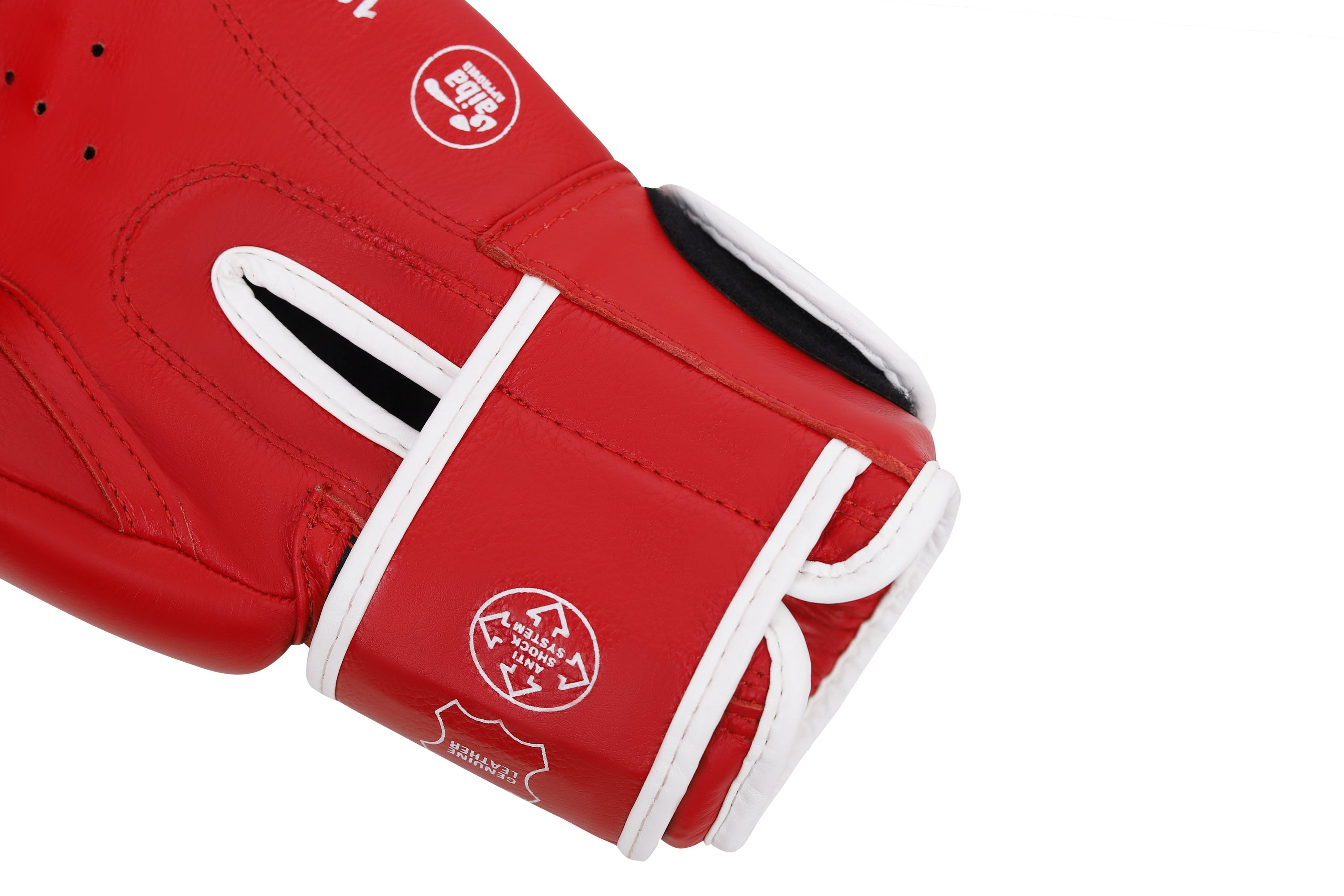 TIGER IBA Approved Boxing Gloves in red and blue, showcasing high-quality cowhide leather and Velcro closure.