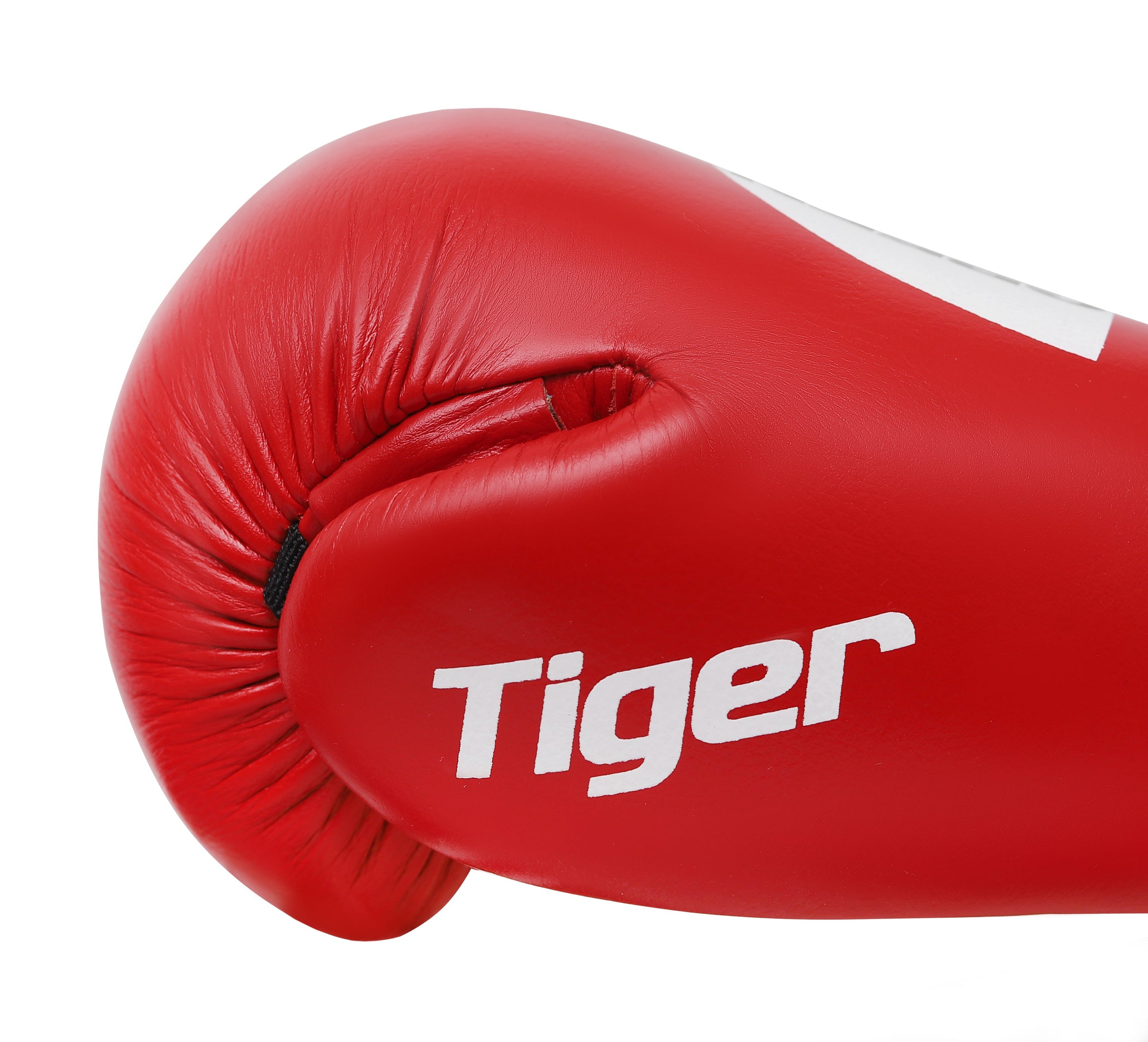 TIGER IBA Approved Boxing Gloves in red and blue, showcasing high-quality cowhide leather and Velcro closure.