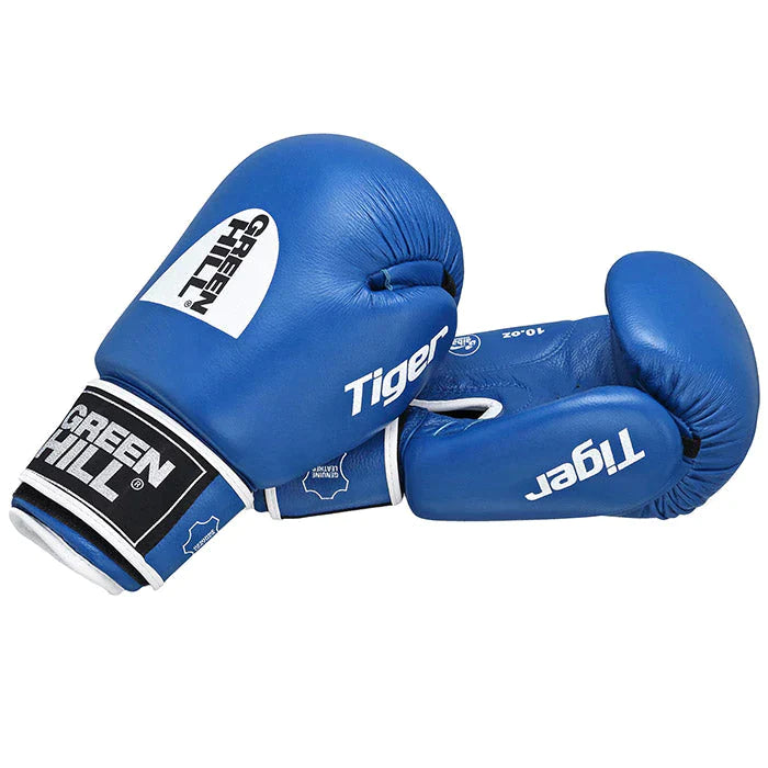 TIGER IBA Approved Boxing Gloves in red and blue, showcasing high-quality cowhide leather and Velcro closure.