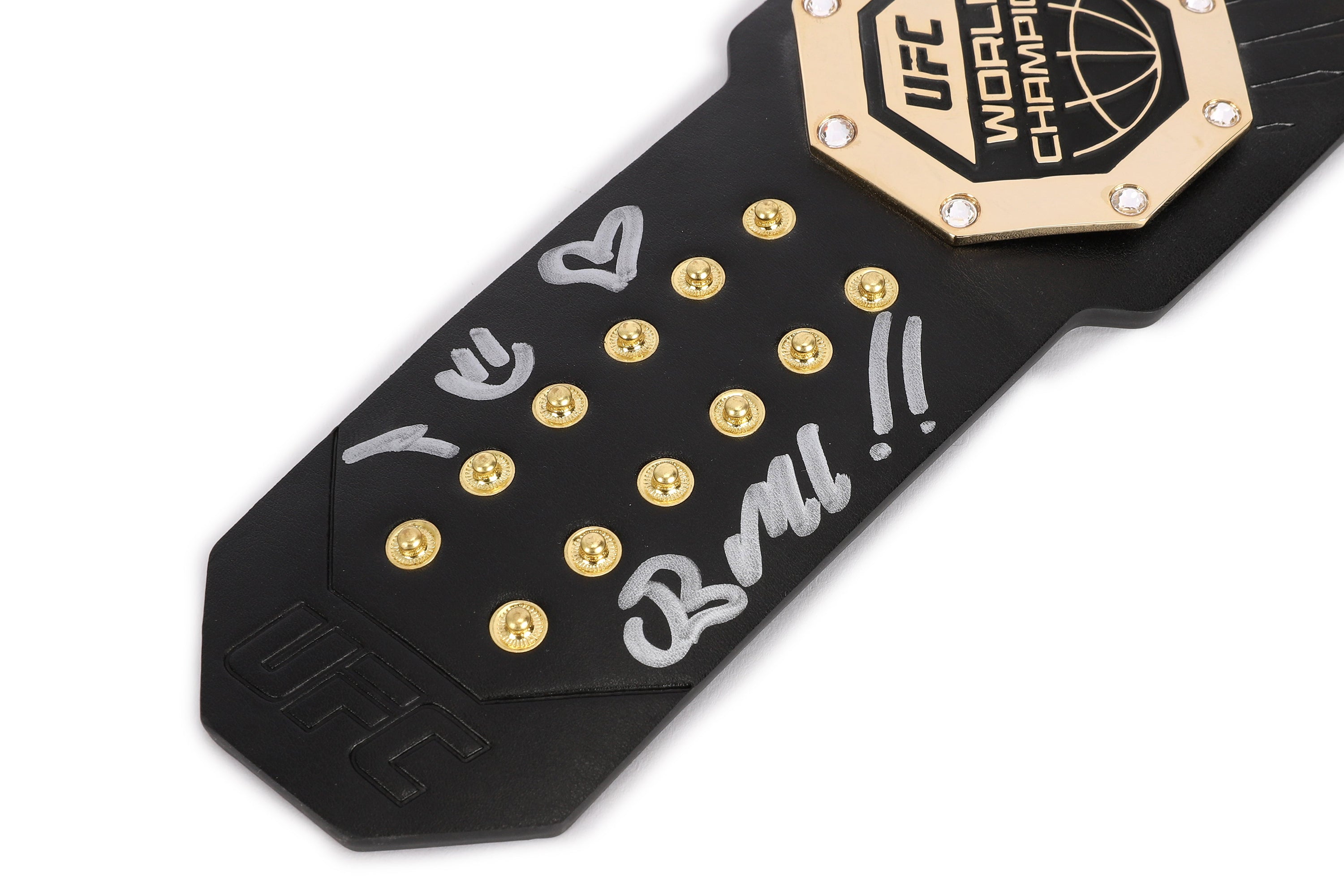 Brandon Moreno Signed UFC Legacy Championship Desktop Belt, showcasing intricate details and signature.