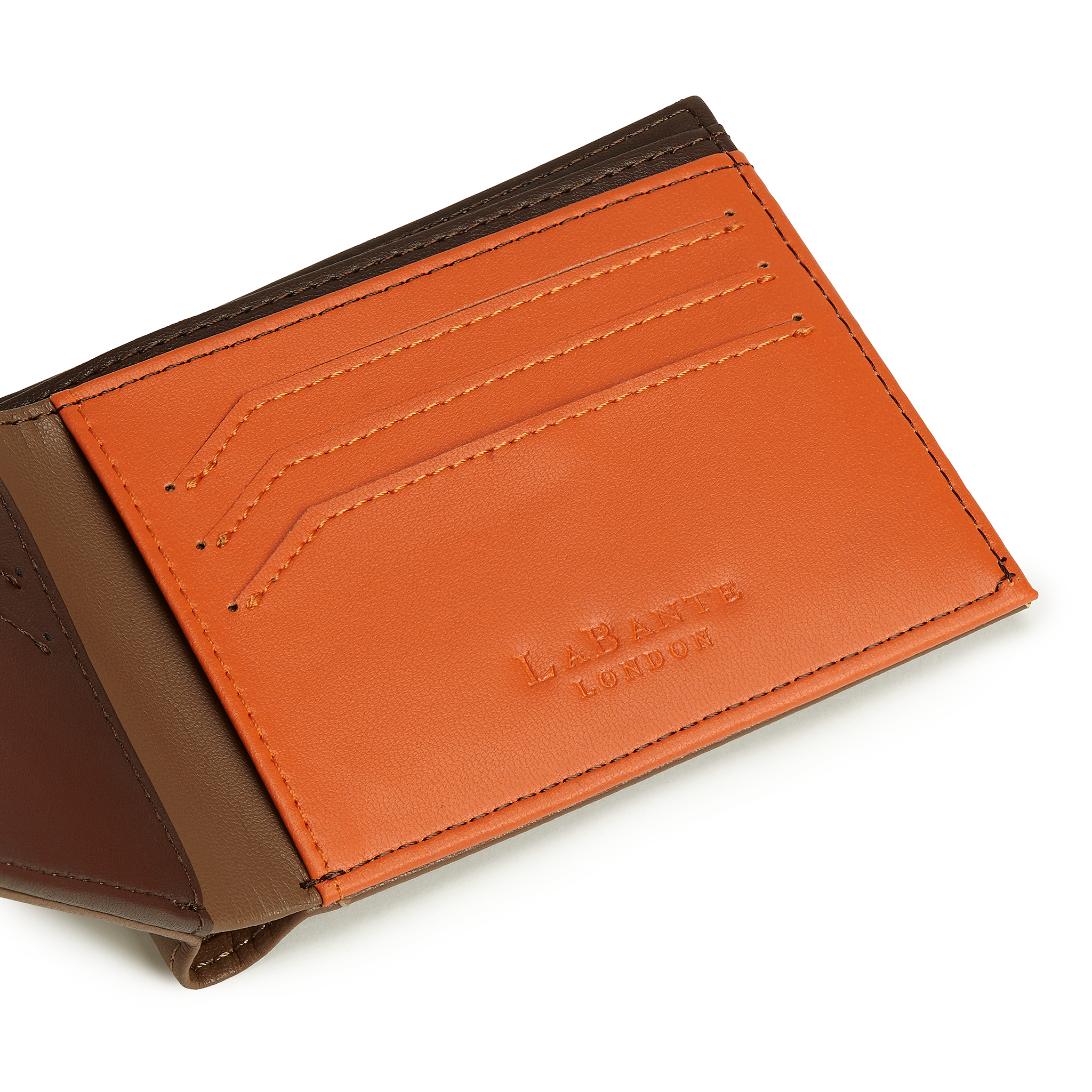 Brown Brave Vegan Bifold Wallet made from ultra-soft microfiber leather with embossed logo and multiple compartments.