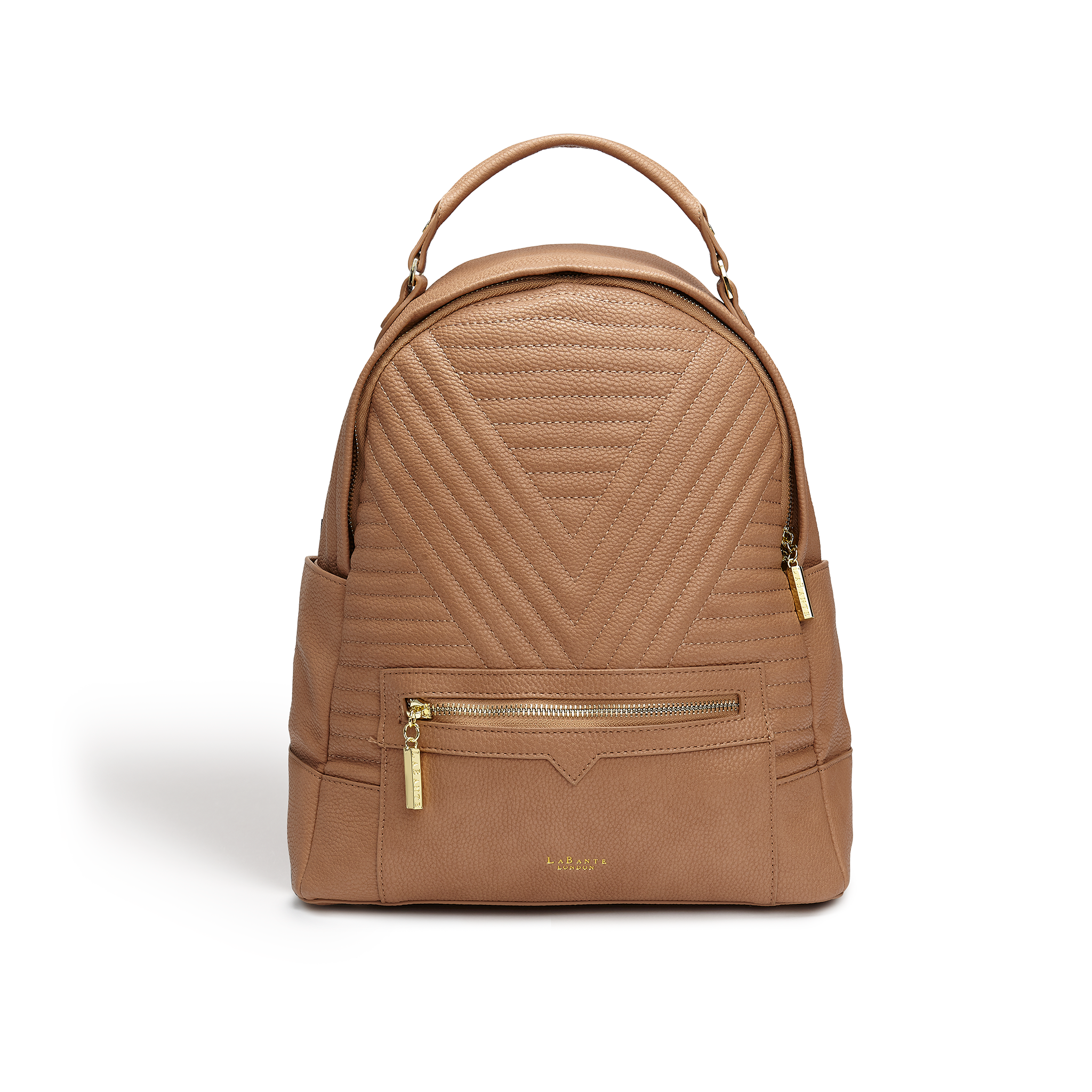 Stylish Camberwell Vegan Brown Rucksack with quilted front and gold hardware, showcasing its eco-friendly design and spacious compartments.