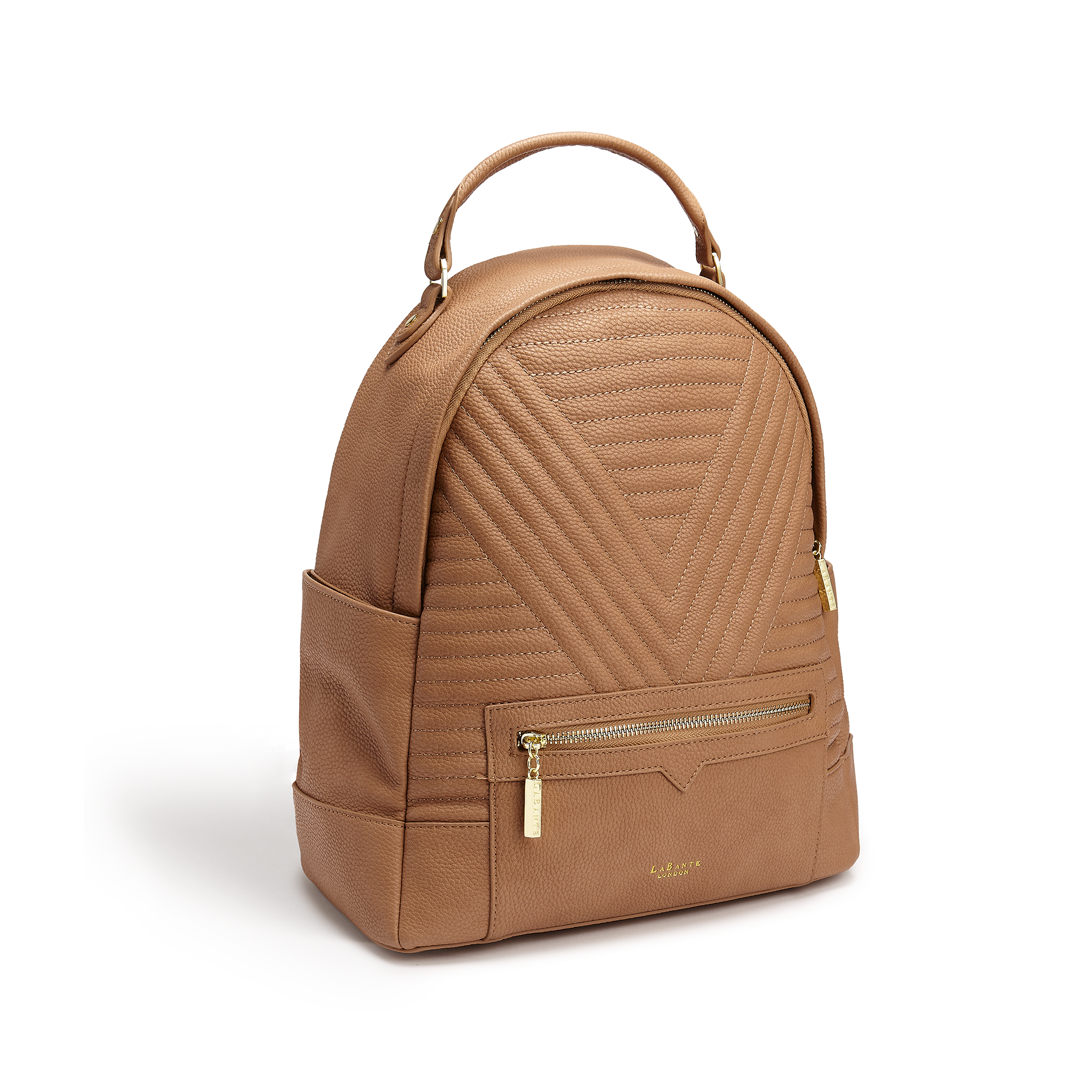 Stylish Camberwell Vegan Brown Rucksack with quilted front and gold hardware, showcasing its eco-friendly design and spacious compartments.