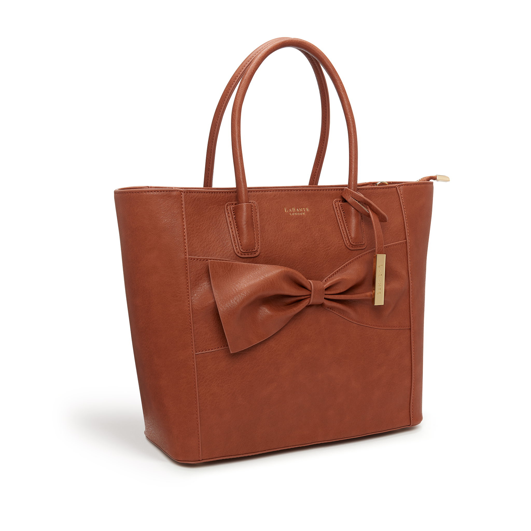 Brown Eufala Vegan Tote Handbag featuring oversized bow design and gold hardware tag, made from recycled materials.