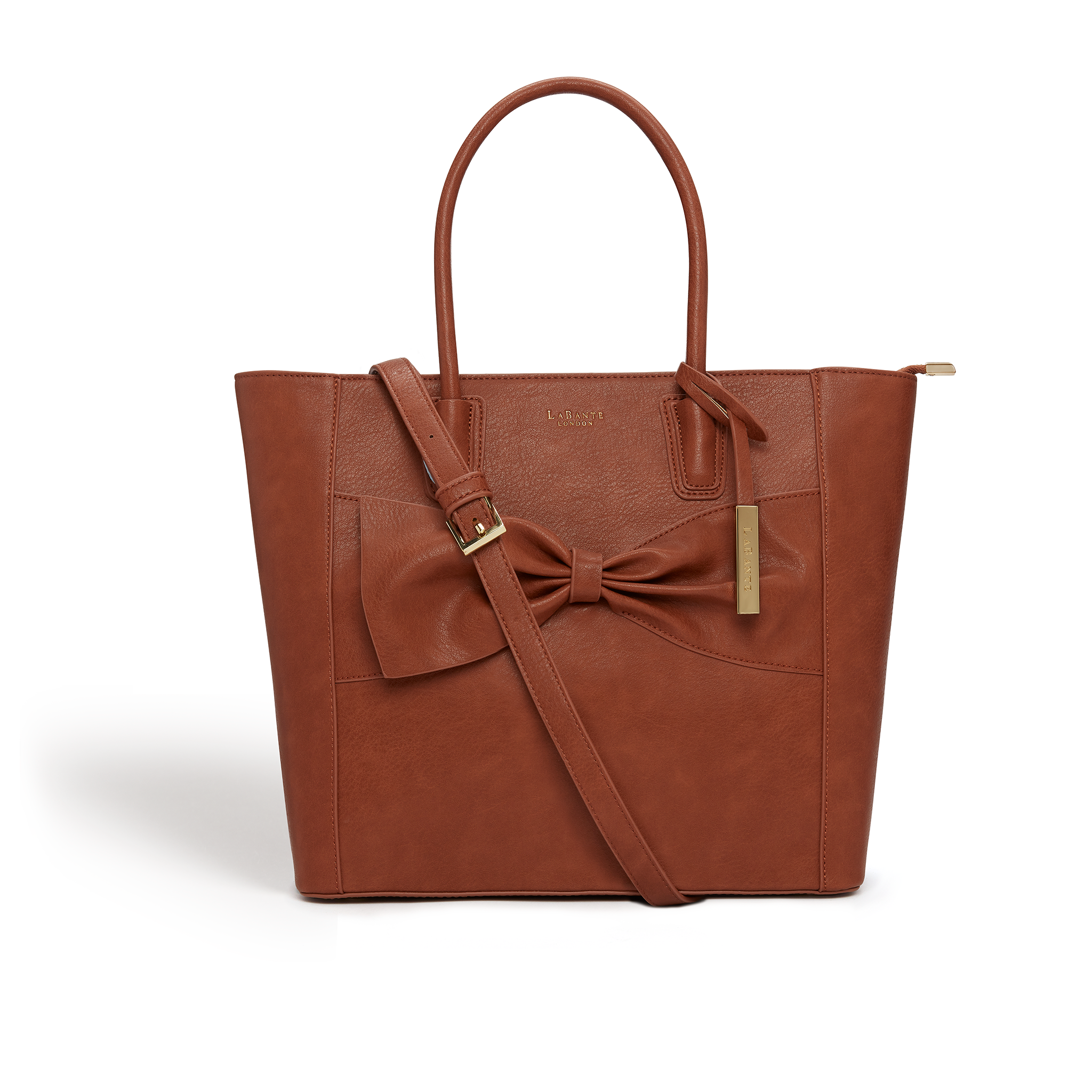 Brown Eufala Vegan Tote Handbag featuring oversized bow design and gold hardware tag, made from recycled materials.