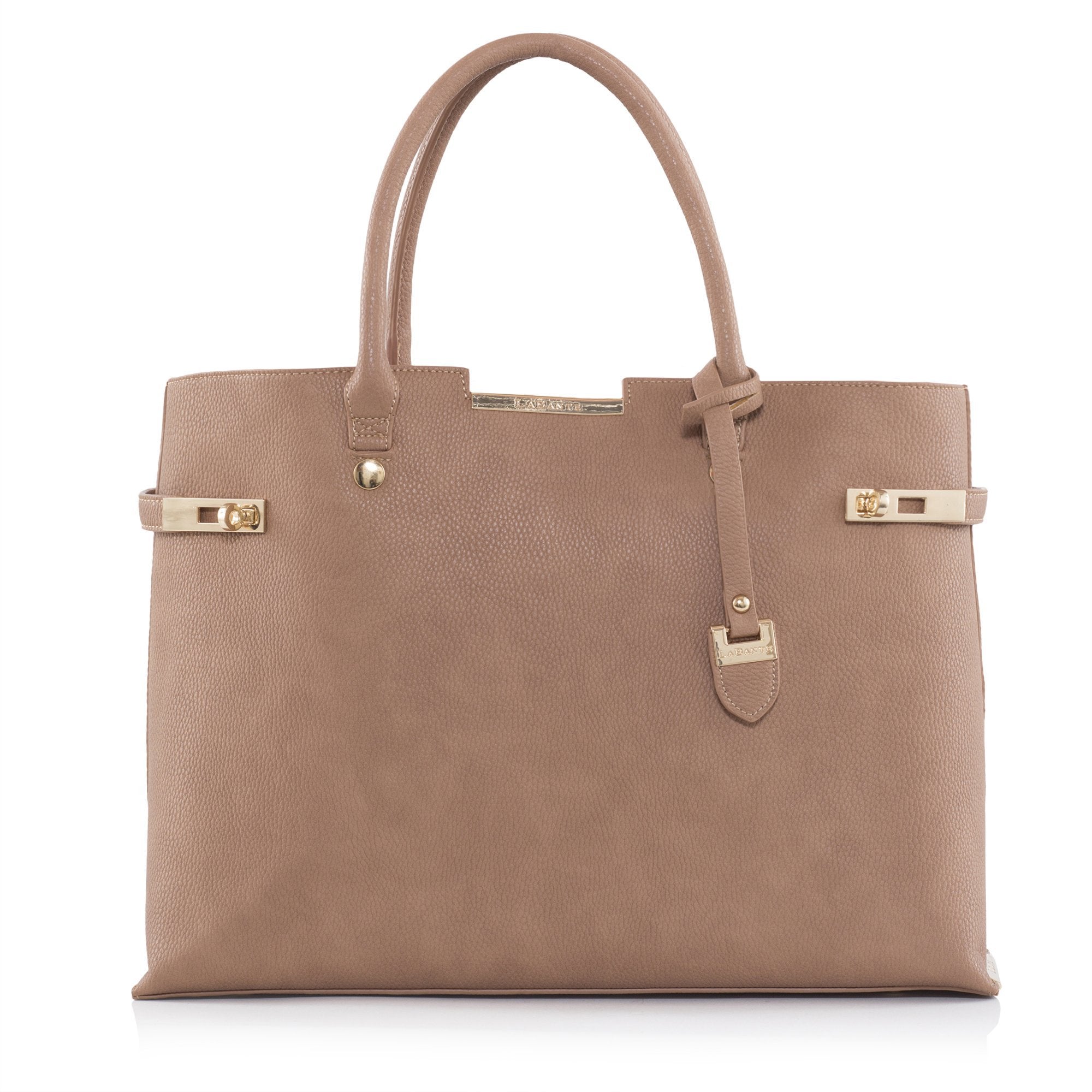 Brown Windsor Vegan Tote bag with gold hardware and contrasting interior, featuring detachable wallets.