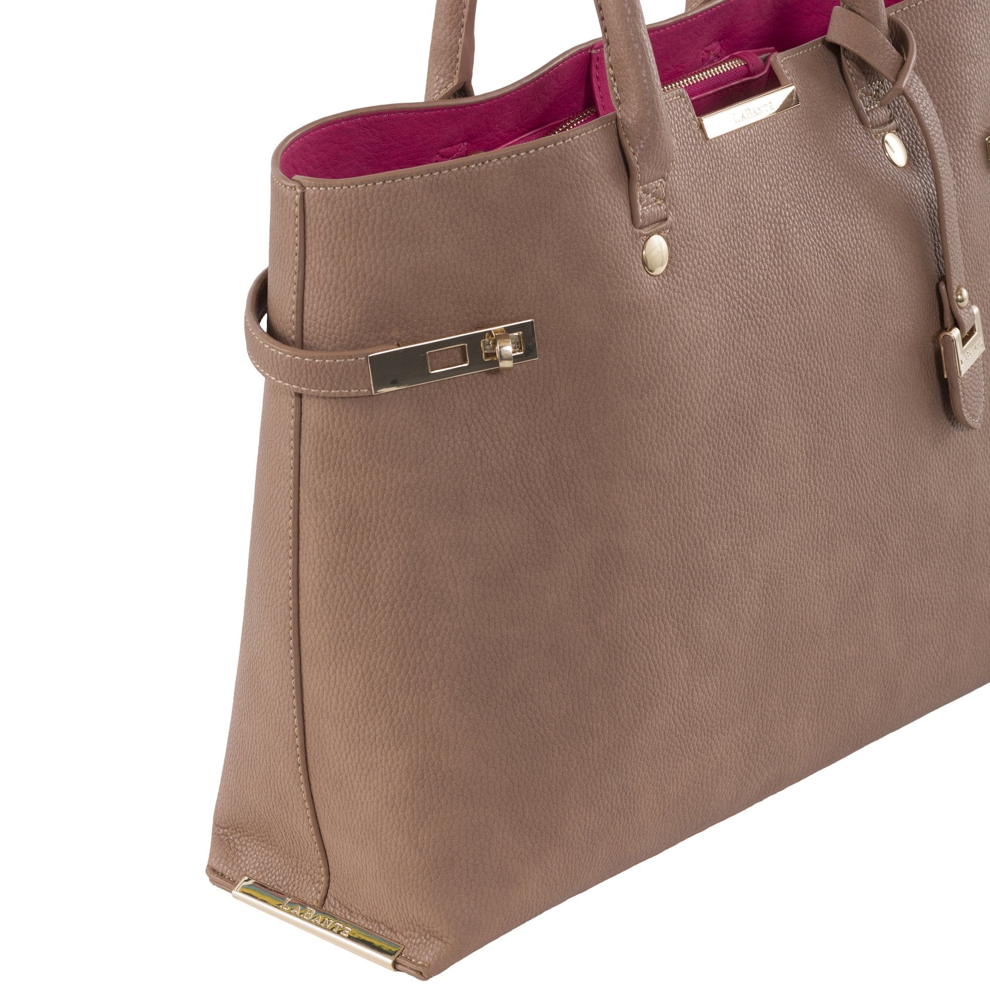 Brown Windsor Vegan Tote bag with gold hardware and contrasting interior, featuring detachable wallets.