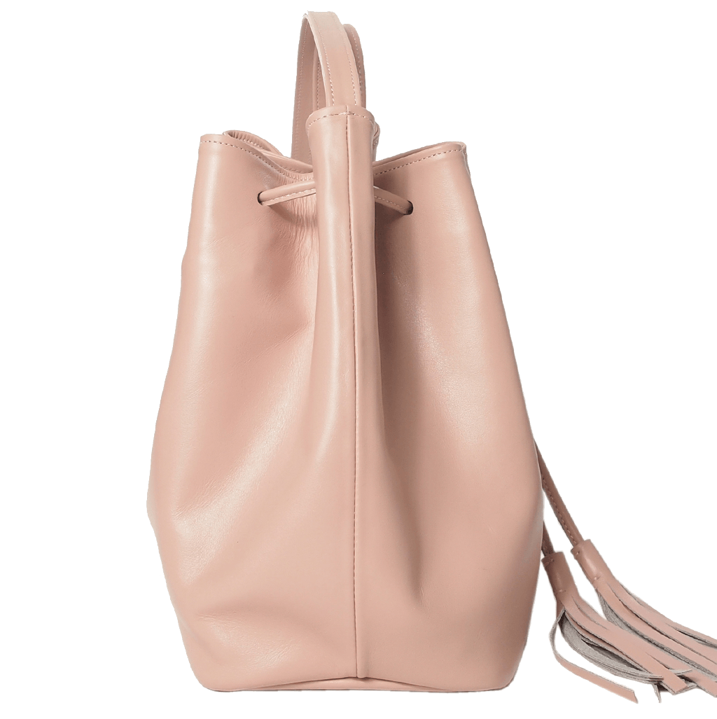 Buffed Leather Bucket Bag in Dusty-Rose with fringed straps and gold studs, showcasing its elegant design and premium Italian calfskin material.