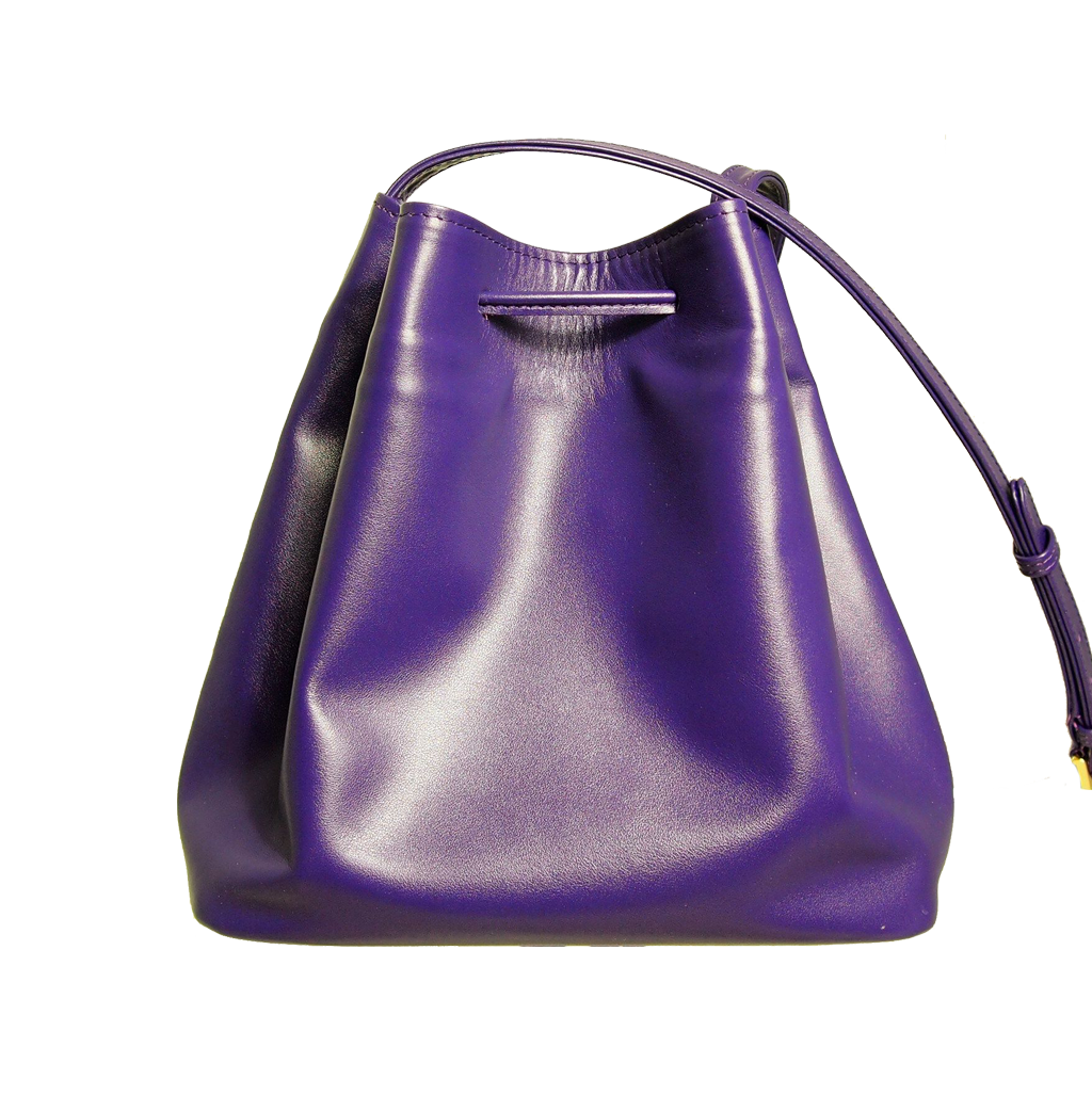 Buffed Leather Bucket Bag in Purple with fringed straps and gold studs, showcasing its Italian calfskin craftsmanship and spacious cotton interior.