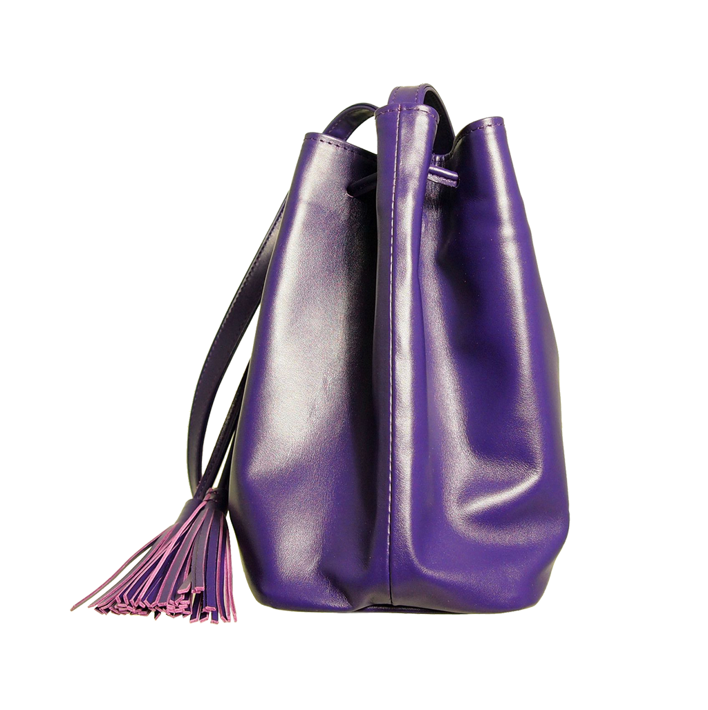 Buffed Leather Bucket Bag in Purple with fringed straps and gold studs, showcasing its Italian calfskin craftsmanship and spacious cotton interior.