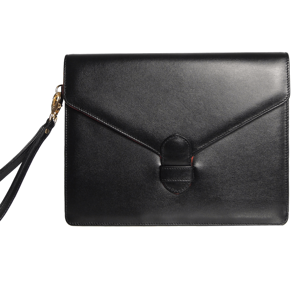 Buffed Leather Envelope Clutch in Black, handmade from Italian calf leather with a wrist strap and magnetic snap closure.