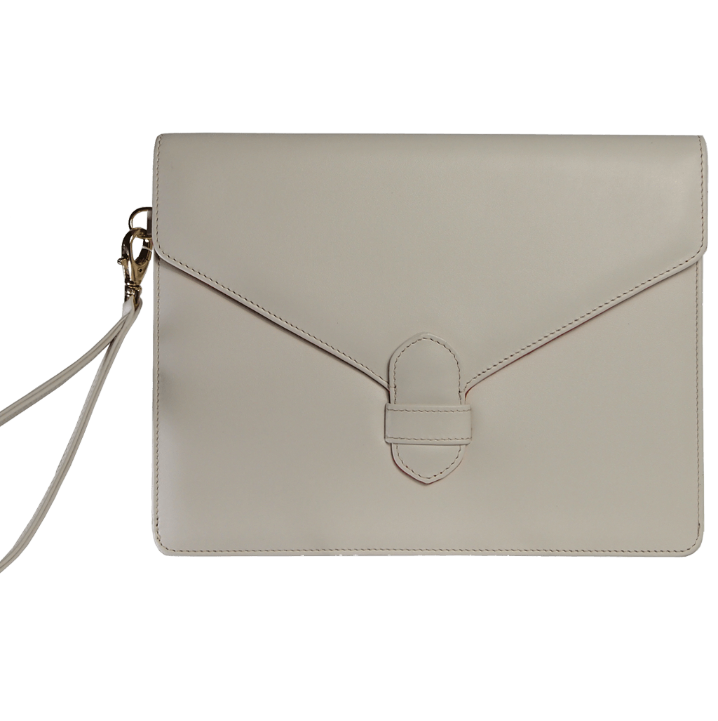 Ivory Buffed Leather Envelope Clutch with hand-sewn leather strap clasp, showcasing its minimalist design and premium Italian craftsmanship.