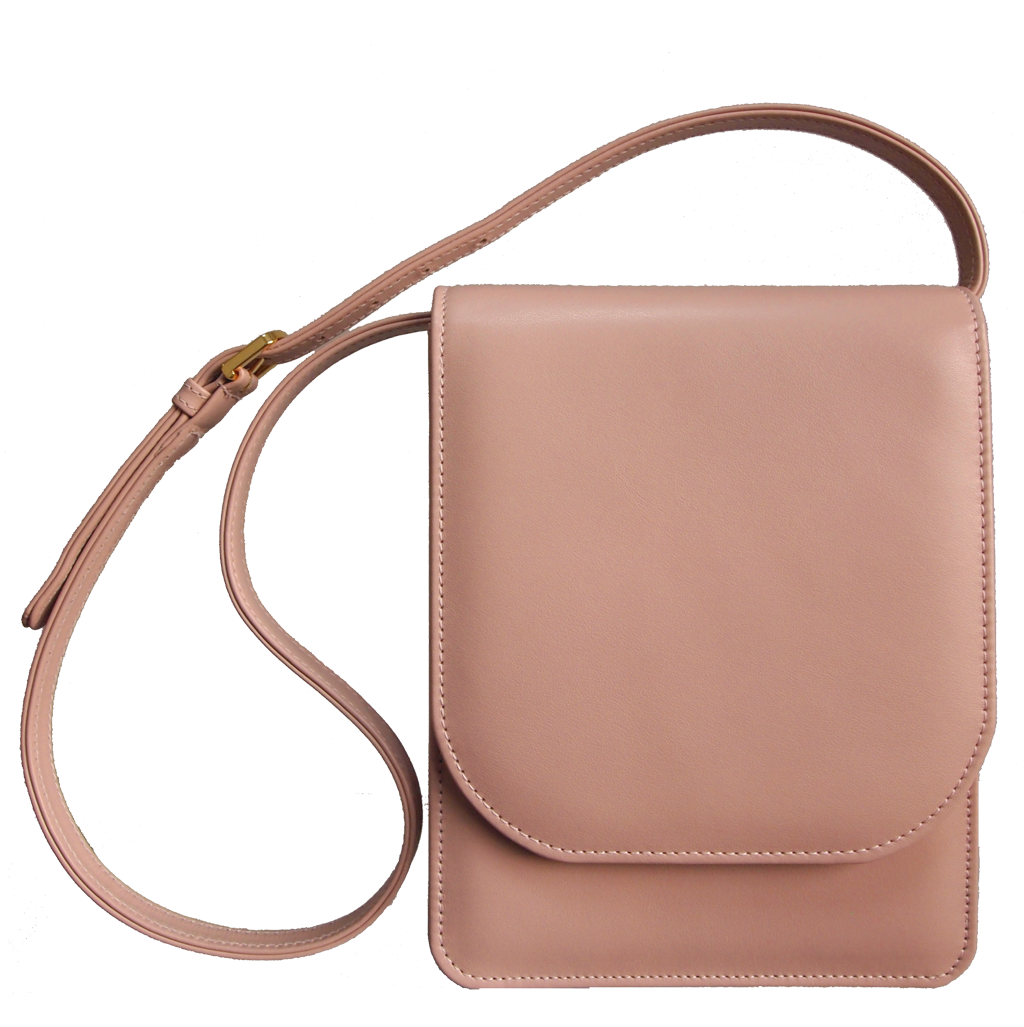 Buffed Leather Mini Vertical Shoulder Bag in premium pebbled calfskin leather, featuring a single side gusset and a 115 cm belt strap, handmade in Milan.