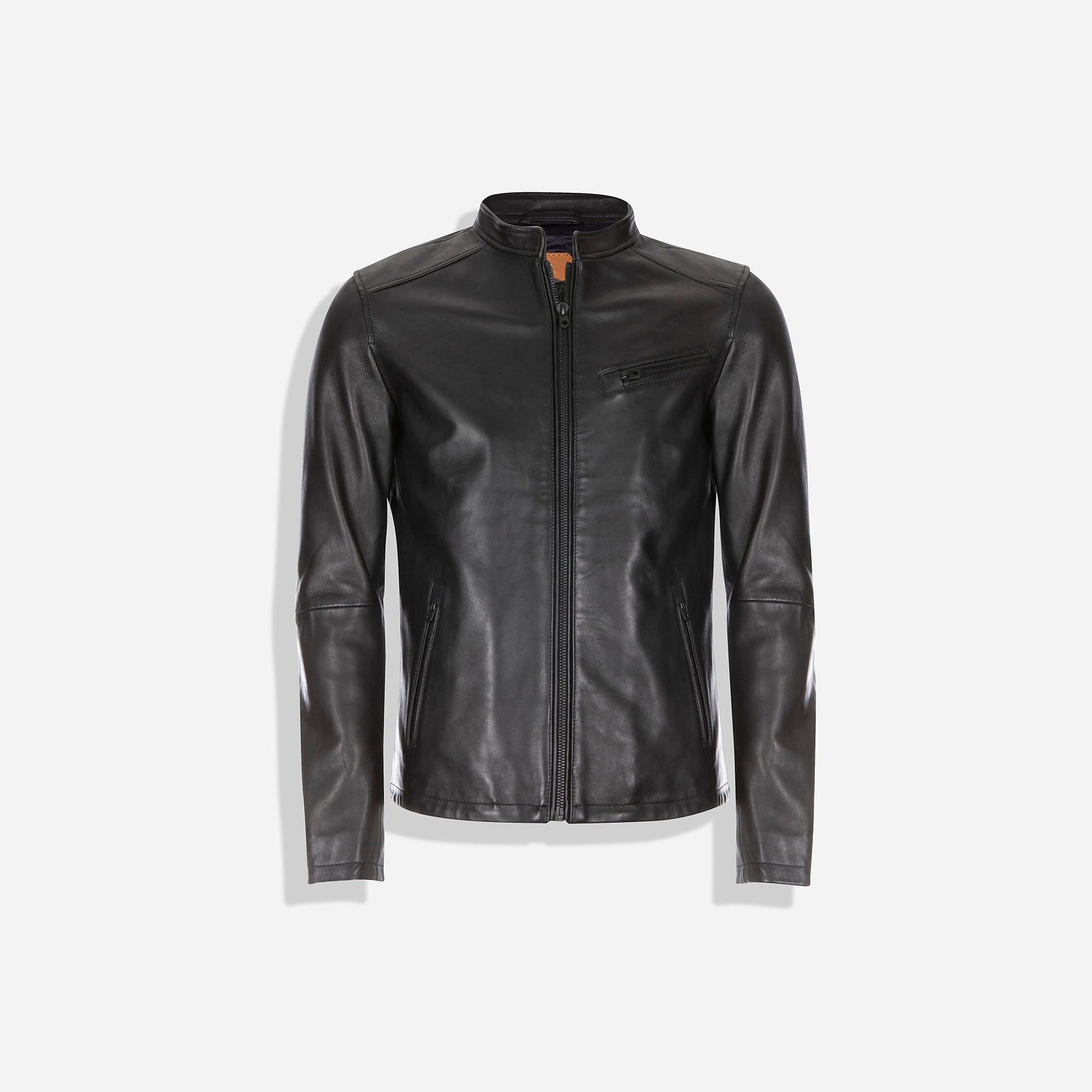 Burton Mandarin Collar Leather Jacket in Black, showcasing its stylish design and premium leather material.