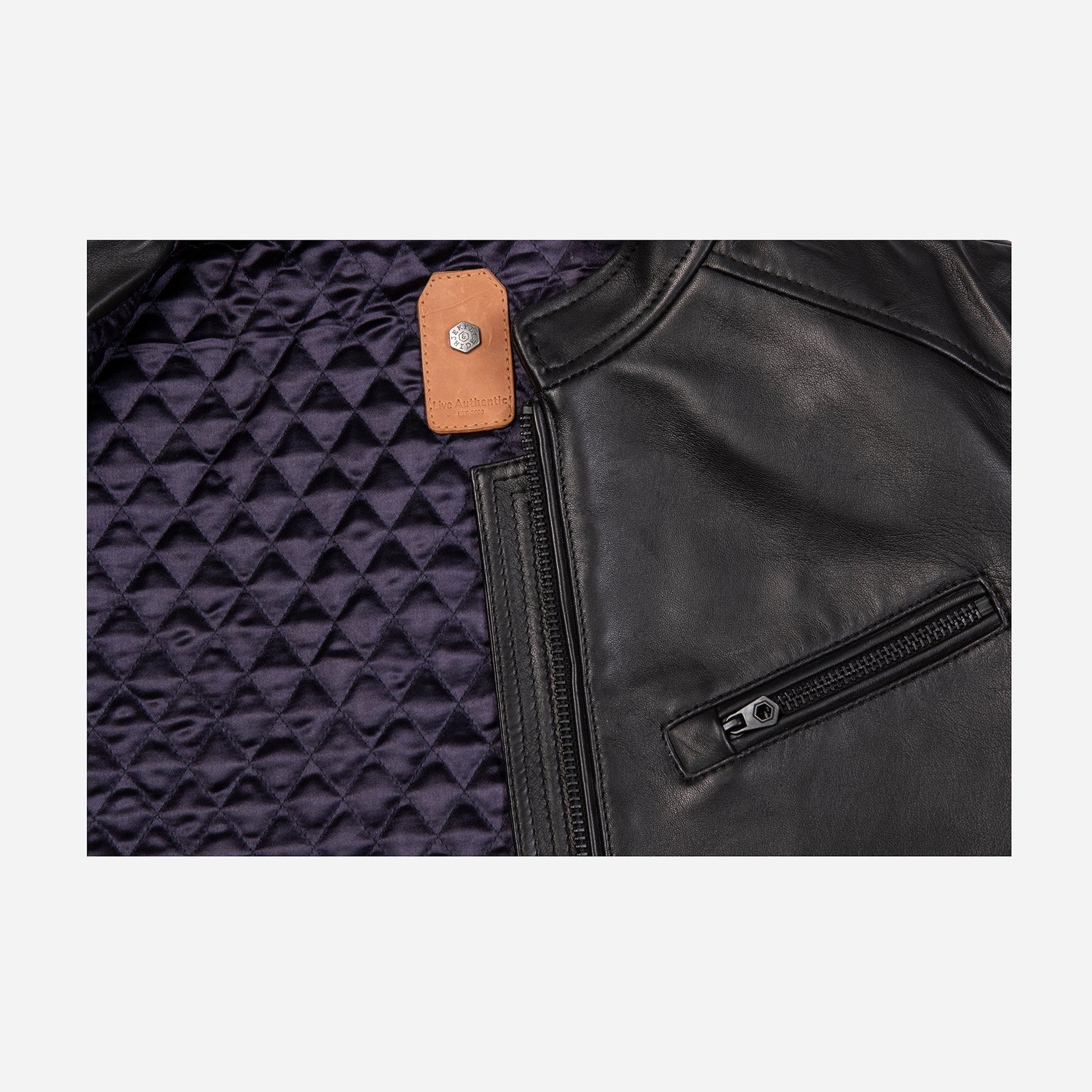 Burton Mandarin Collar Leather Jacket in Black, showcasing its stylish design and premium leather material.