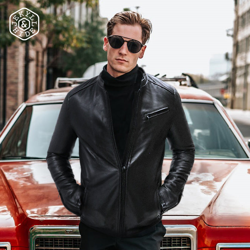 Burton Mandarin Collar Leather Jacket in Black, showcasing its stylish design and premium leather material.