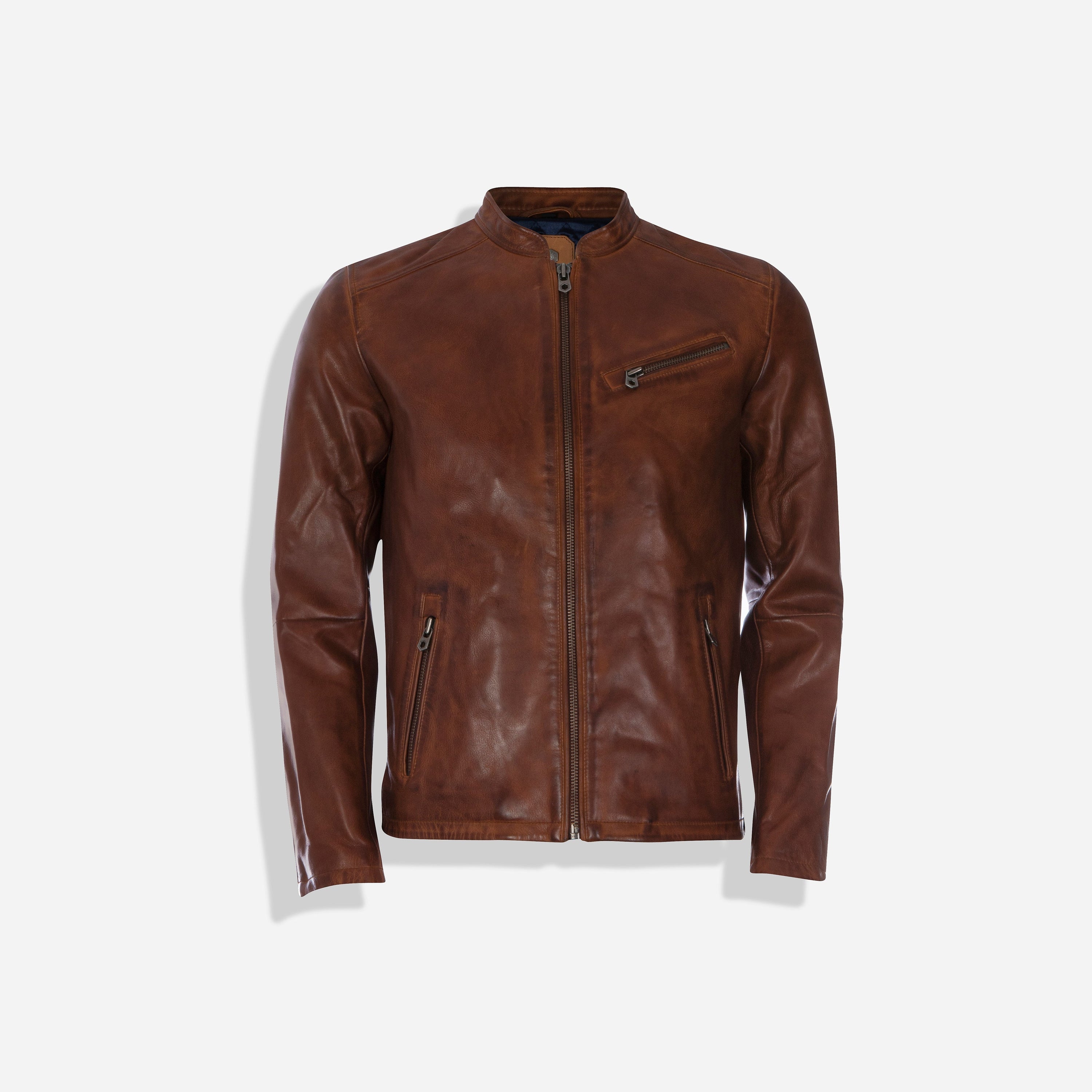 Burton Mandarin Collar Leather Jacket in Cognac, showcasing its stylish design and premium leather material.