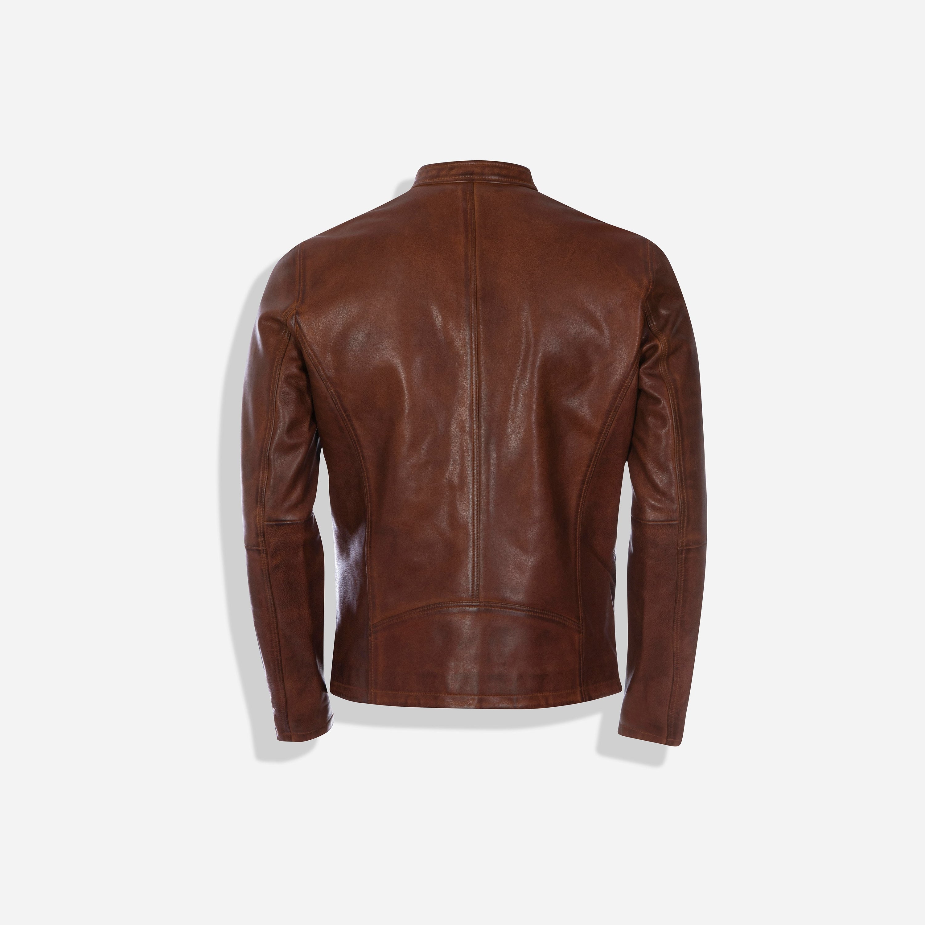 Burton Mandarin Collar Leather Jacket in Cognac, showcasing its stylish design and premium leather material.