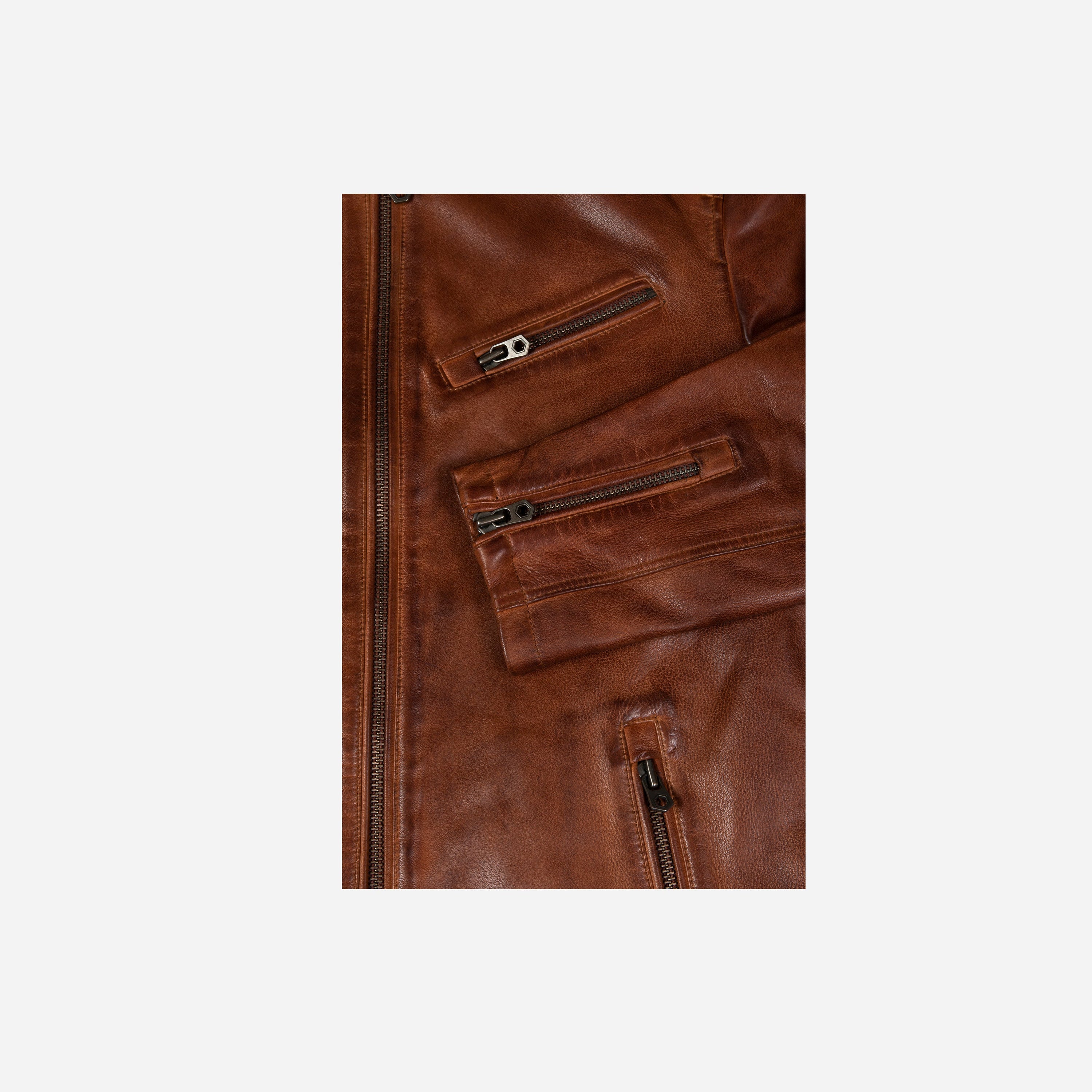 Burton Mandarin Collar Leather Jacket in Cognac, showcasing its stylish design and premium leather material.