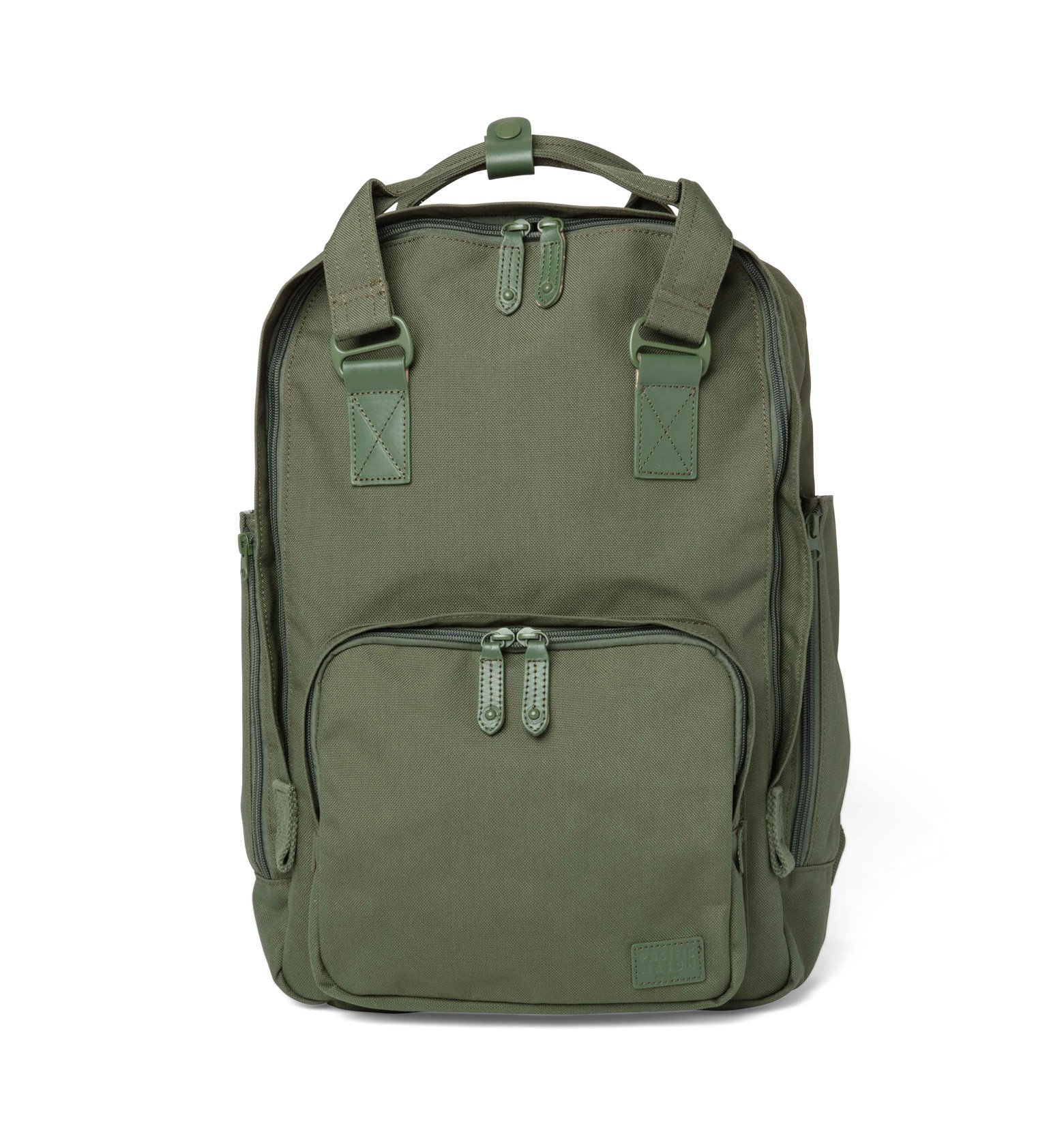 Cama Large Dark Moss backpack featuring a spacious design, water repellent nylon, and leather accents, ideal for daily use.