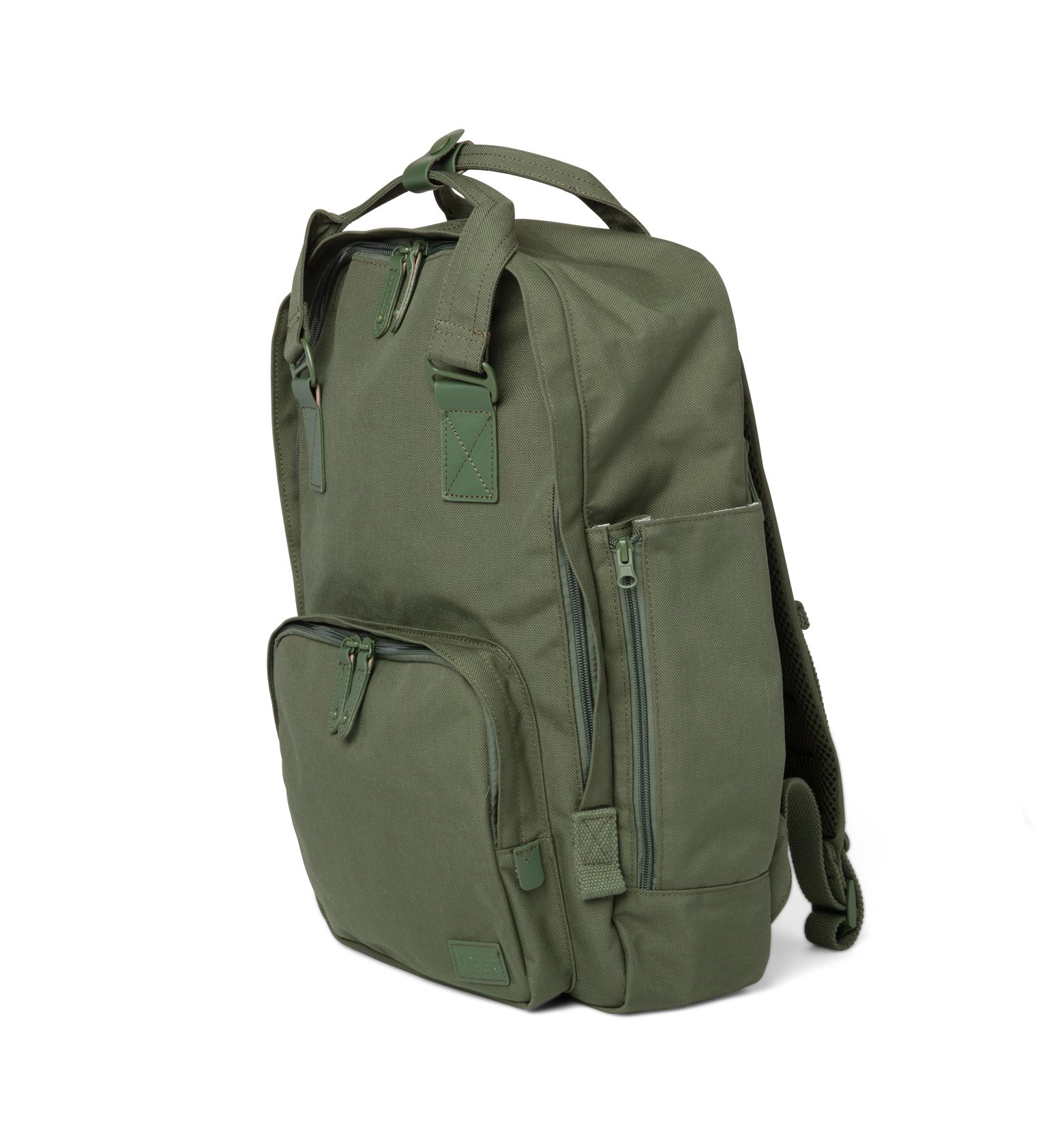 Cama Large Dark Moss backpack featuring a spacious design, water repellent nylon, and leather accents, ideal for daily use.