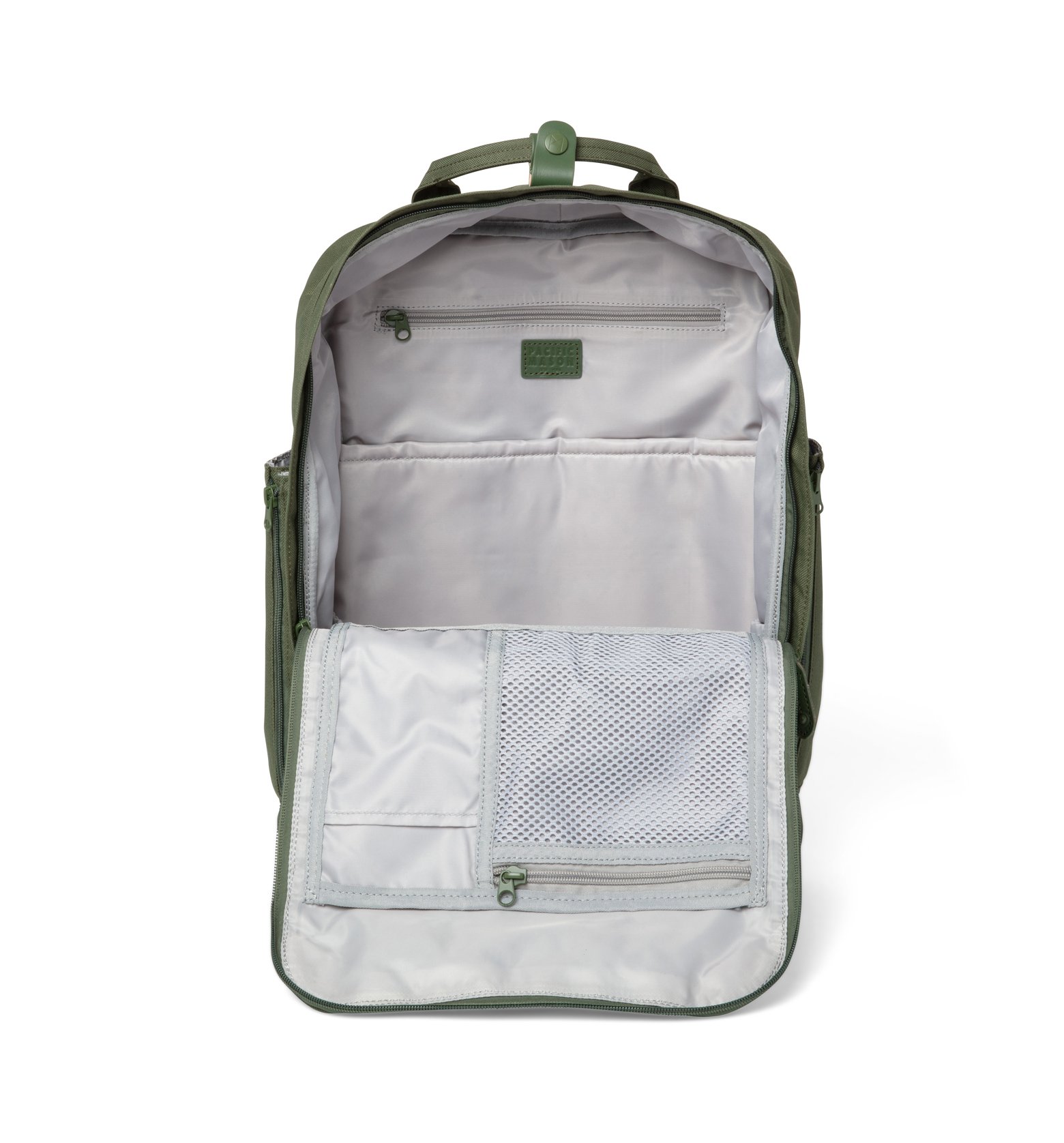 Cama Large Dark Moss backpack featuring a spacious design, water repellent nylon, and leather accents, ideal for daily use.