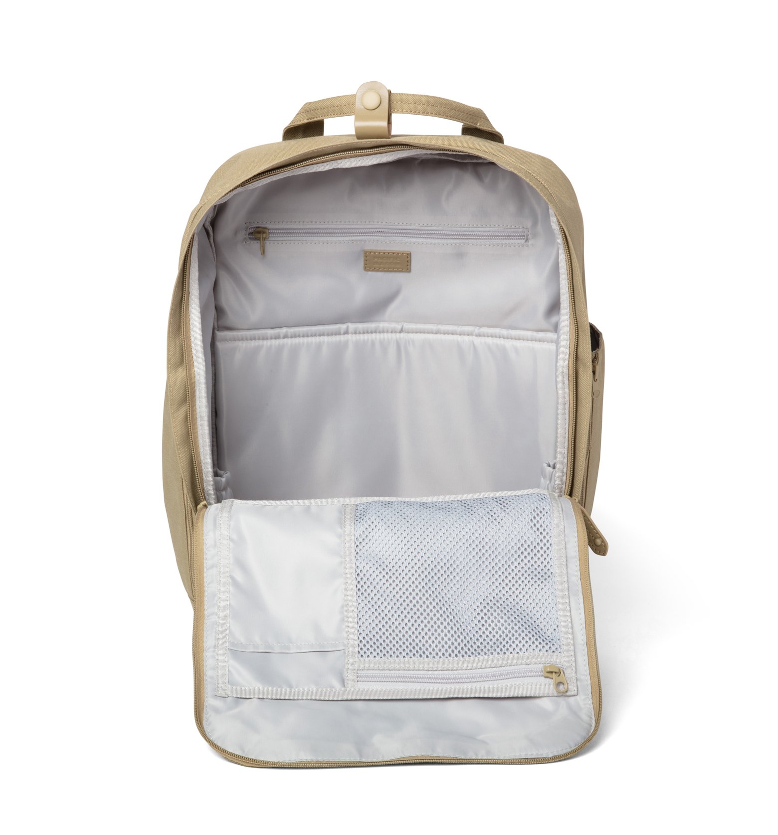 Cama Large Ecru backpack featuring a stylish oversized square design with leather accents and multiple pockets.