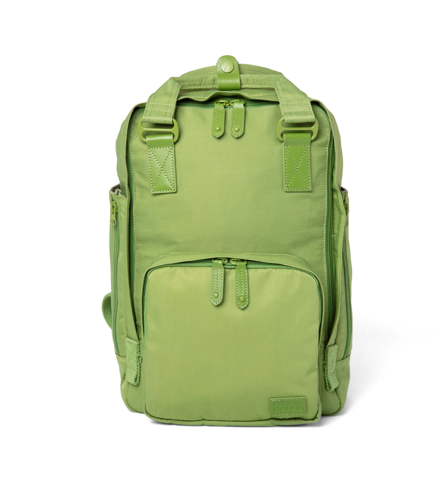 Cama (M) Asparagus backpack featuring oversized square shape, water-repellent nylon, and leather accents.