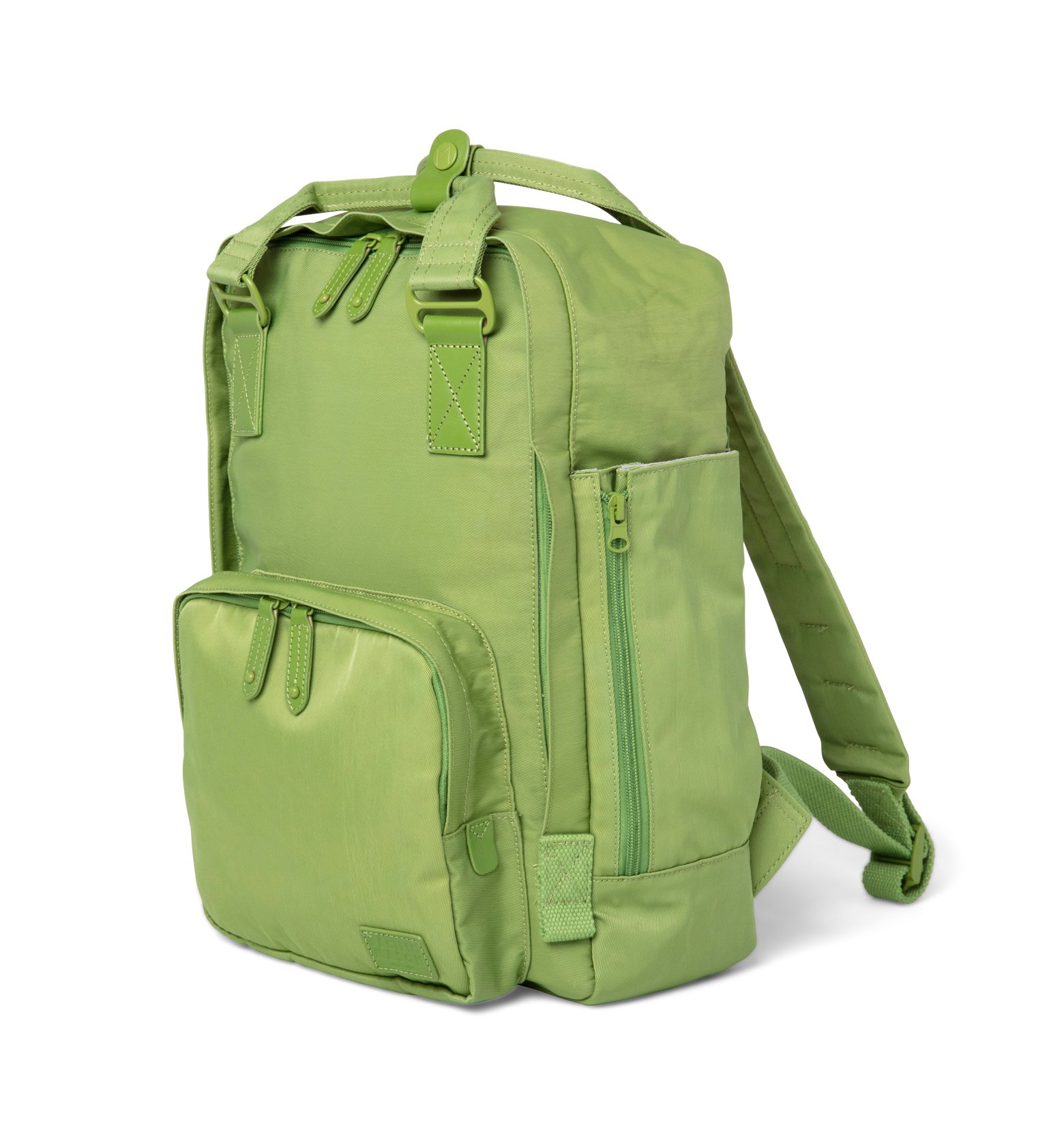 Cama (M) Asparagus backpack featuring oversized square shape, water-repellent nylon, and leather accents.