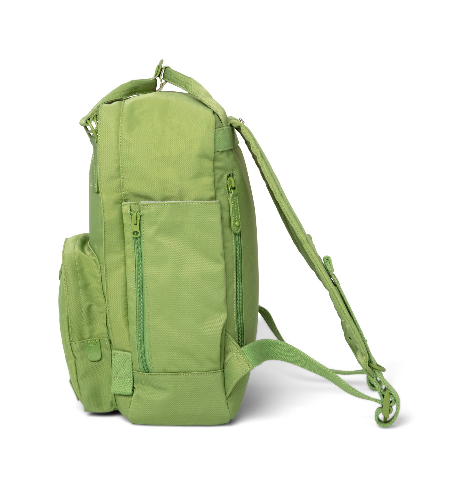 Cama (M) Asparagus backpack featuring oversized square shape, water-repellent nylon, and leather accents.