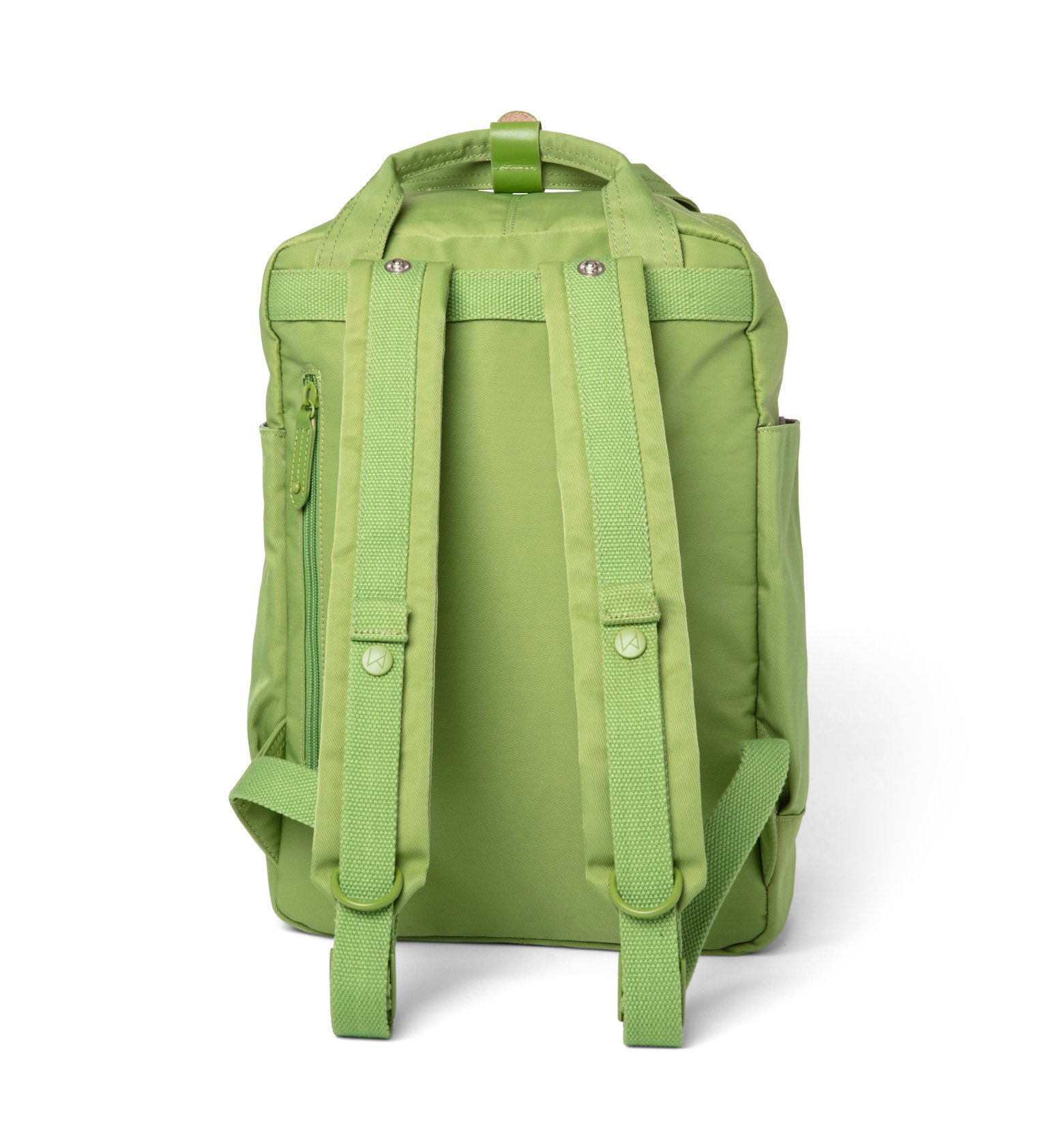 Cama (M) Asparagus backpack featuring oversized square shape, water-repellent nylon, and leather accents.