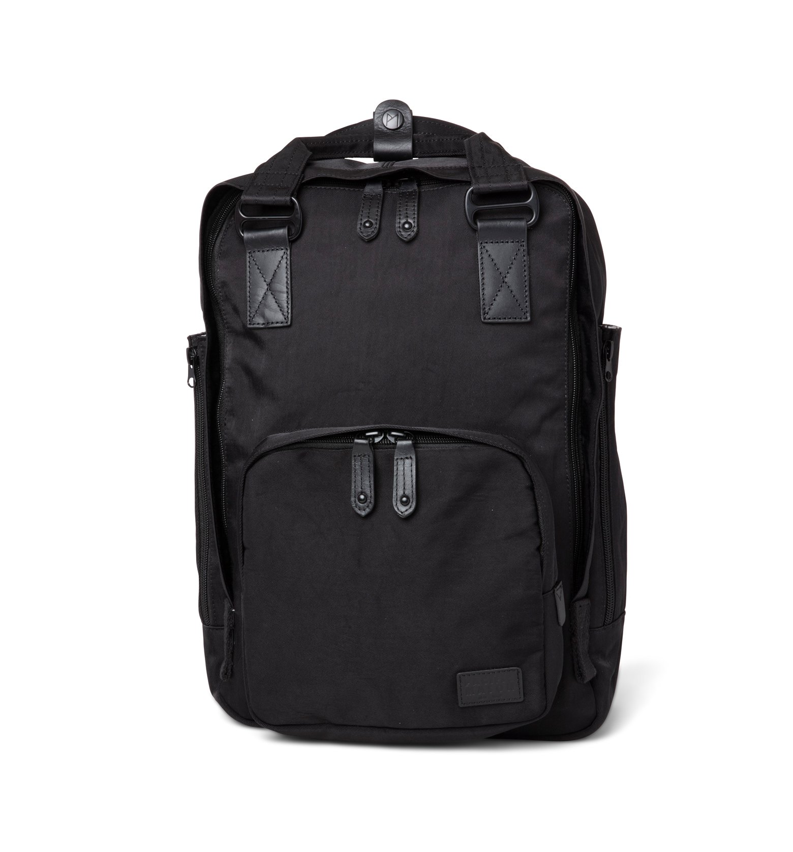 Cama (M) Black backpack featuring a sleek design, oversized square shape, and genuine leather accents, ideal for everyday use.