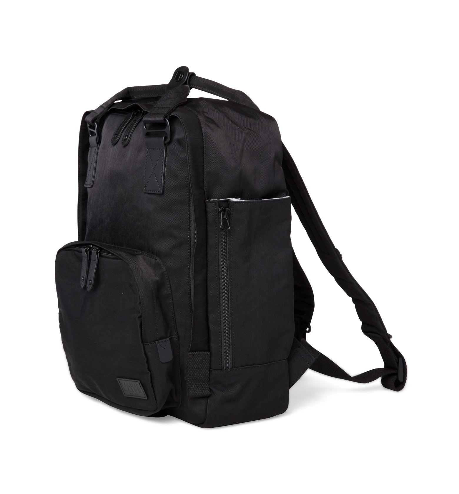 Cama (M) Black backpack featuring a sleek design, oversized square shape, and genuine leather accents, ideal for everyday use.