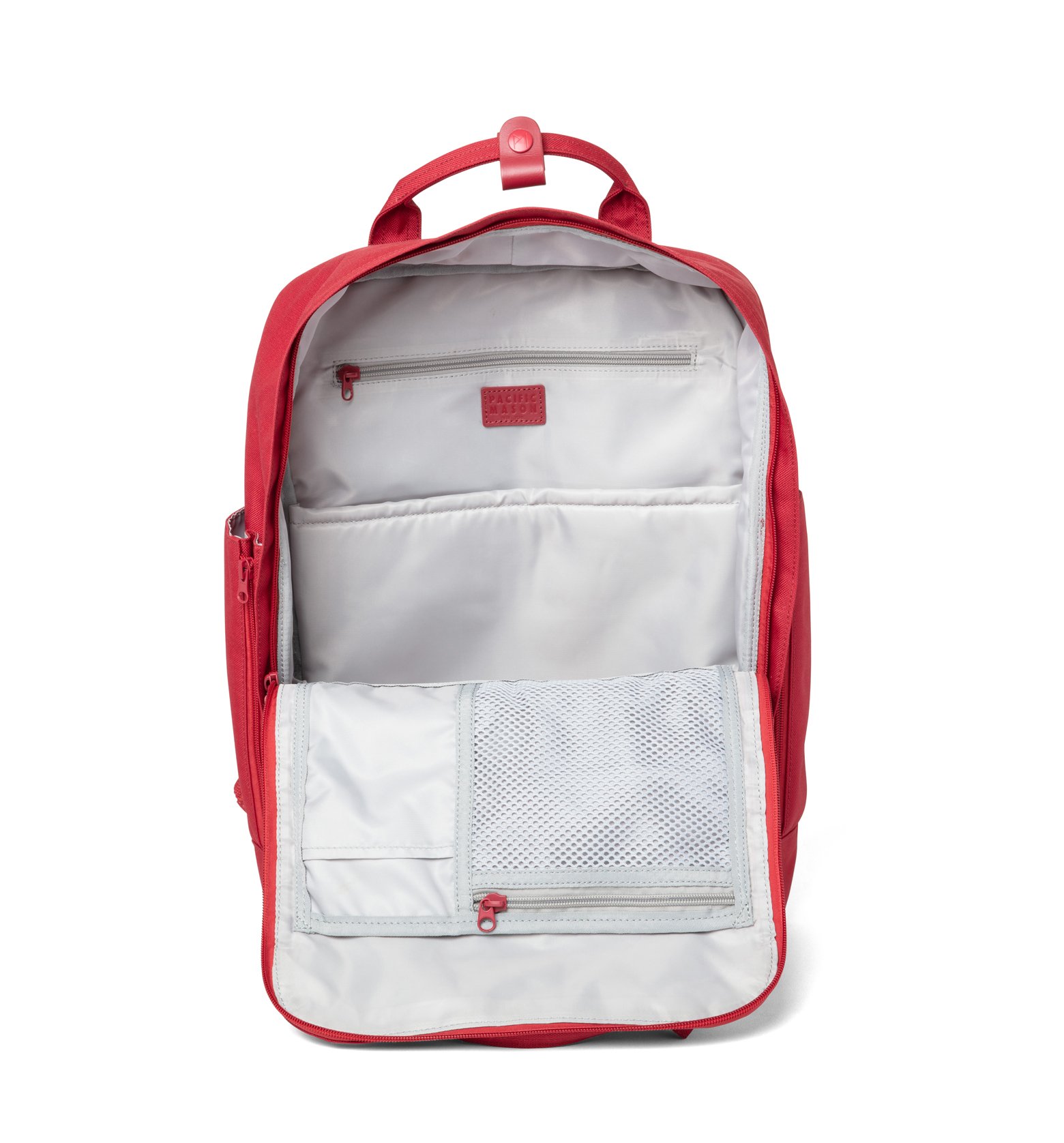 Cama (M) Crimson backpack featuring a sleek design, water-repellent nylon, and leather accents, ideal for daily use.