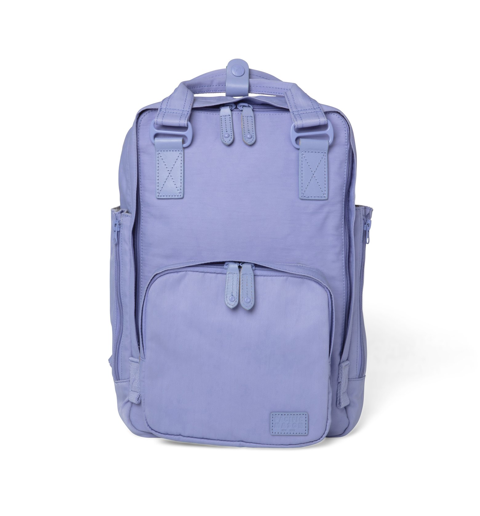 Cama (M) Lavender backpack featuring oversized square shape, water-repellent nylon, and leather accents.