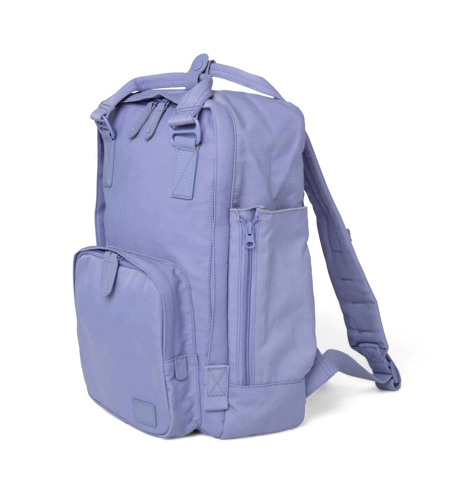 Cama (M) Lavender backpack featuring oversized square shape, water-repellent nylon, and leather accents.